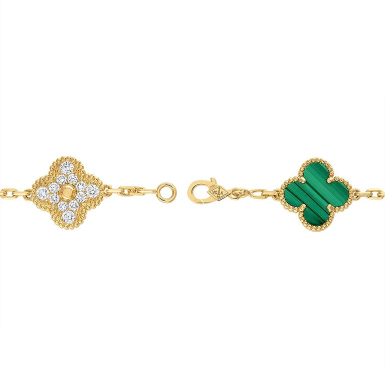 Single Cut Van Cleef Arpels Vintage Alhambra 10 motifs Malachite Diamond Necklace, YG For Sale