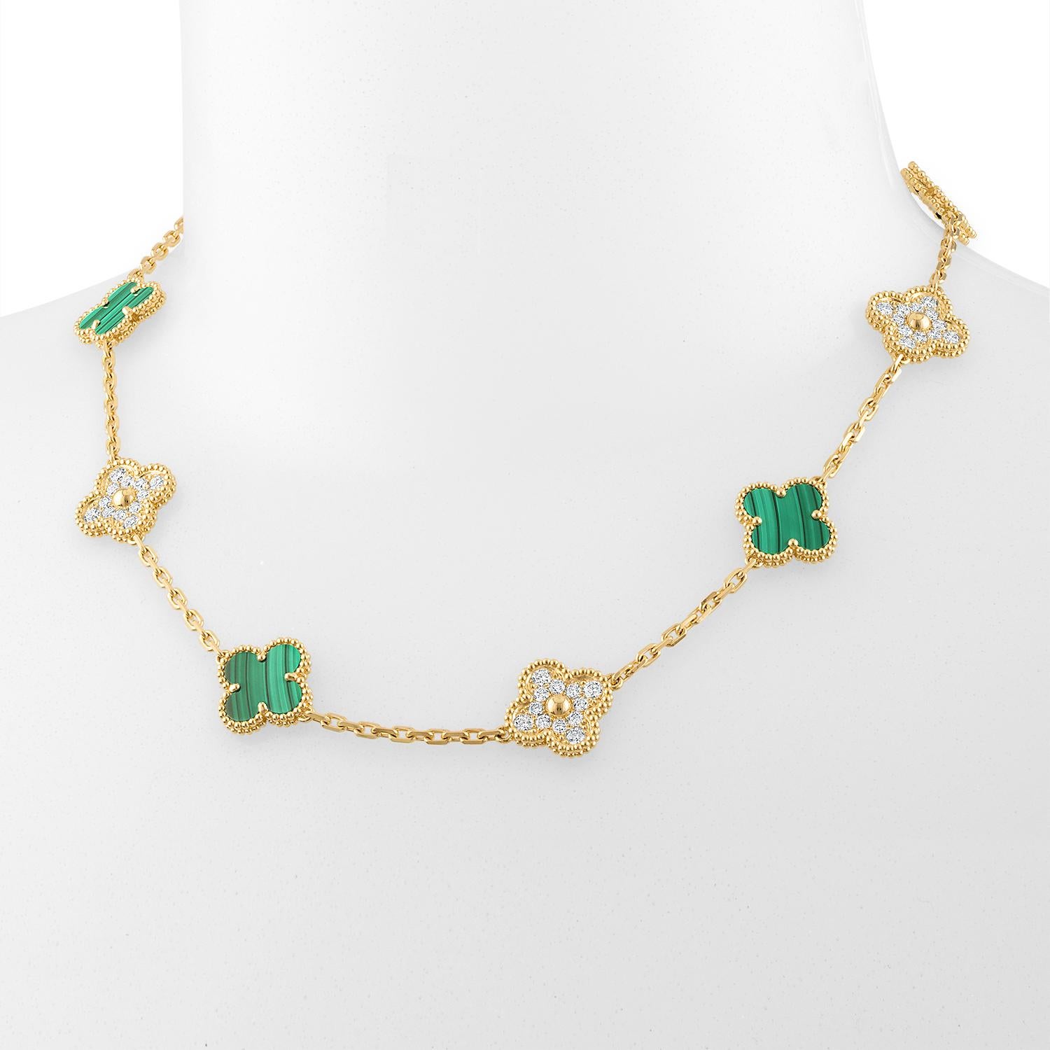 Single Cut Van Cleef Arpels Vintage Alhambra 10 motifs Malachite Diamond Necklace, YG