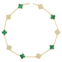 Van Cleef Arpels Vintage Alhambra 10 motifs Malachite Diamond Necklace, YG