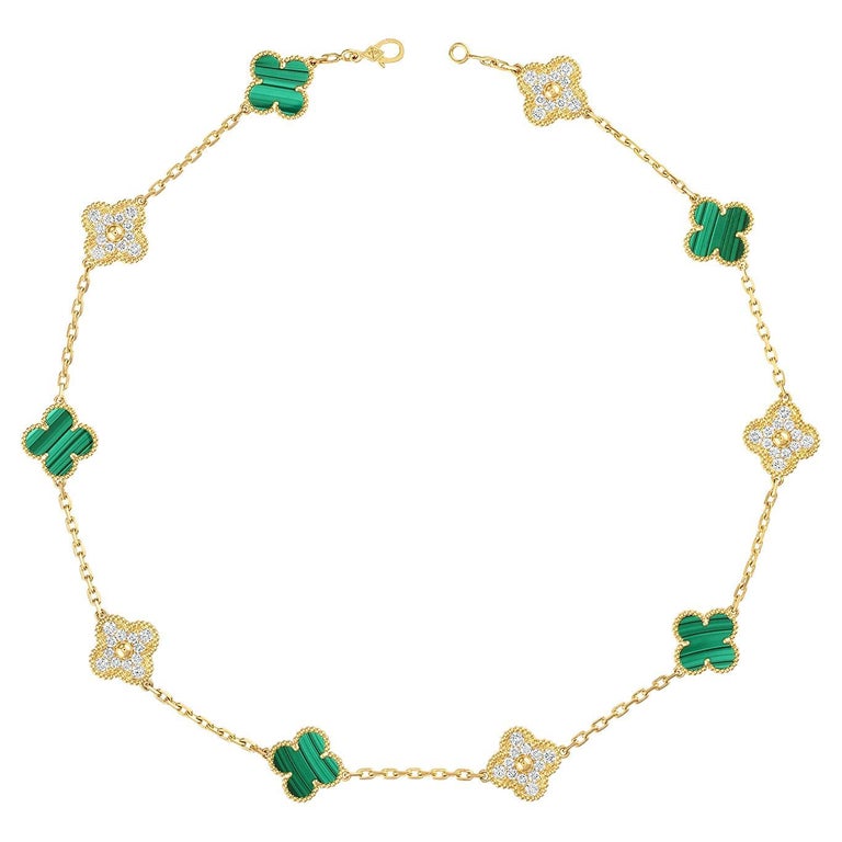 Van Cleef Arpels Vintage Alhambra 10 motifs Malachite Diamond Necklace, YG For Sale