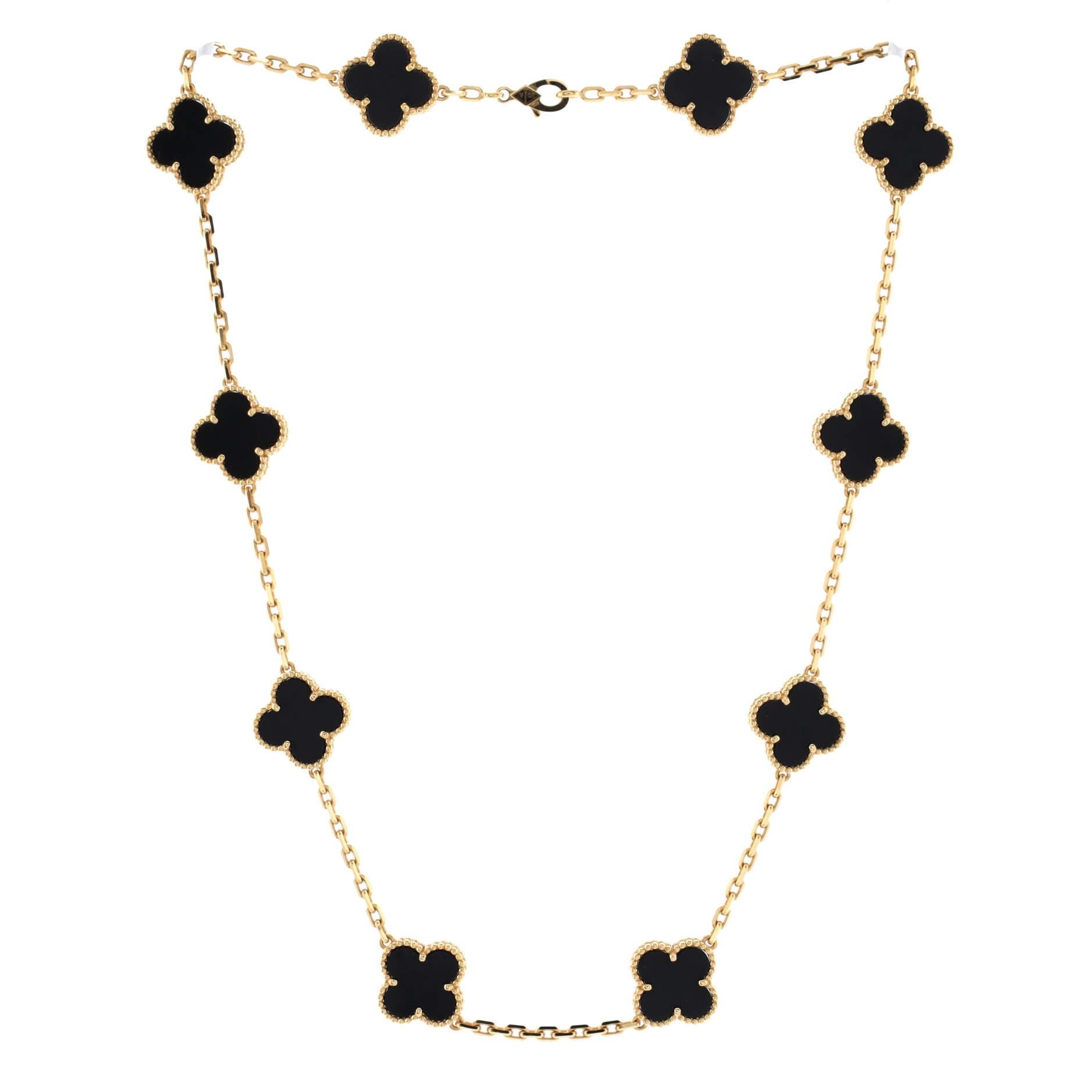 Van Cleef & Arpels Vintage Alhambra Halskette aus 18 Karat Gelbgold und Onyx mit 10 Motiven Damen
