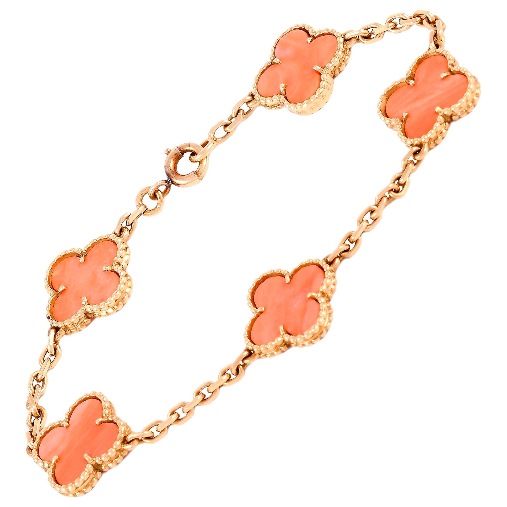 Van Cleef & Arpels Vintage Alhambra 18 Karat Yellow Gold Coral Bracelet