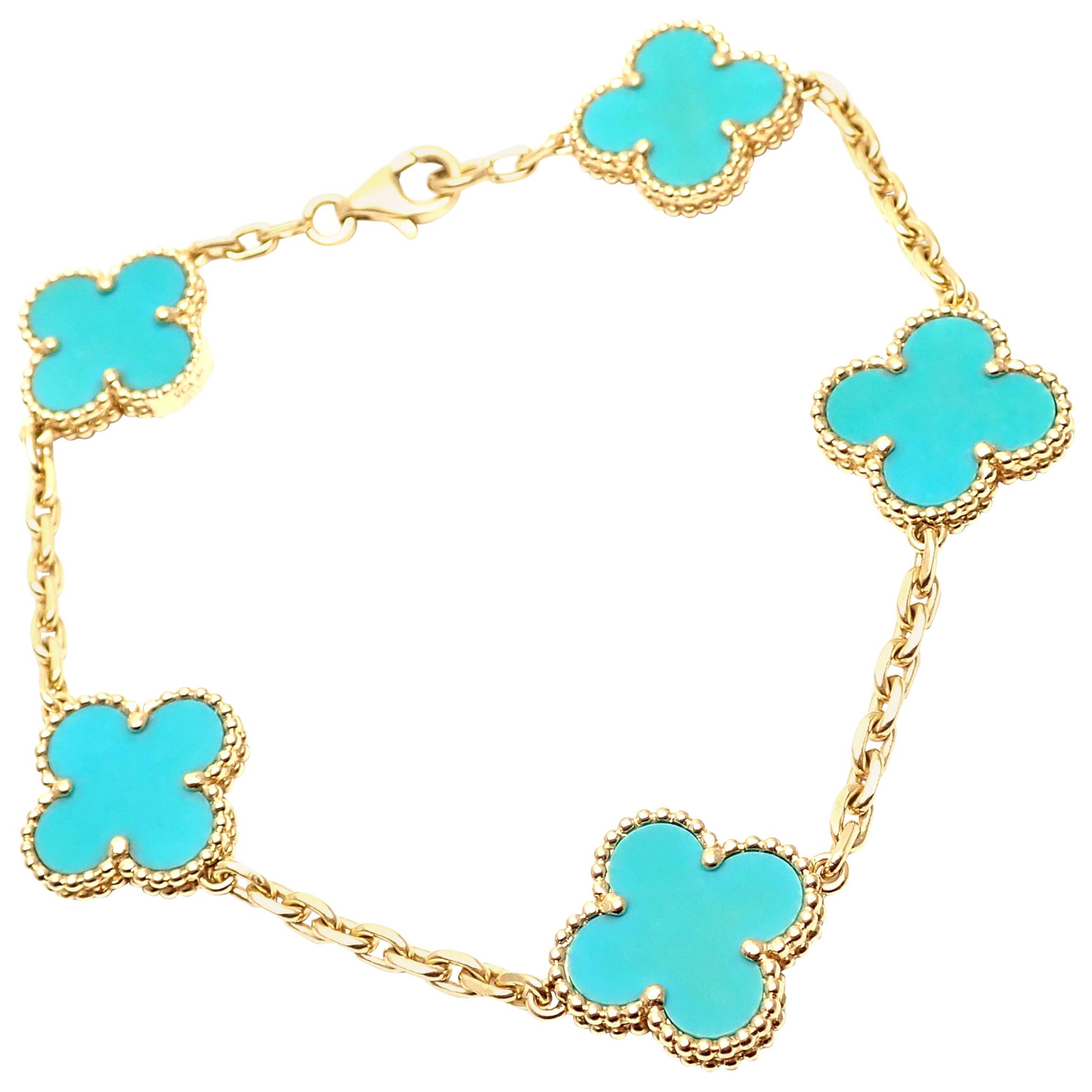 Van Cleef & Arpels Vintage Alhambra 18 Karat Yellow Gold Turquoise Bracelet