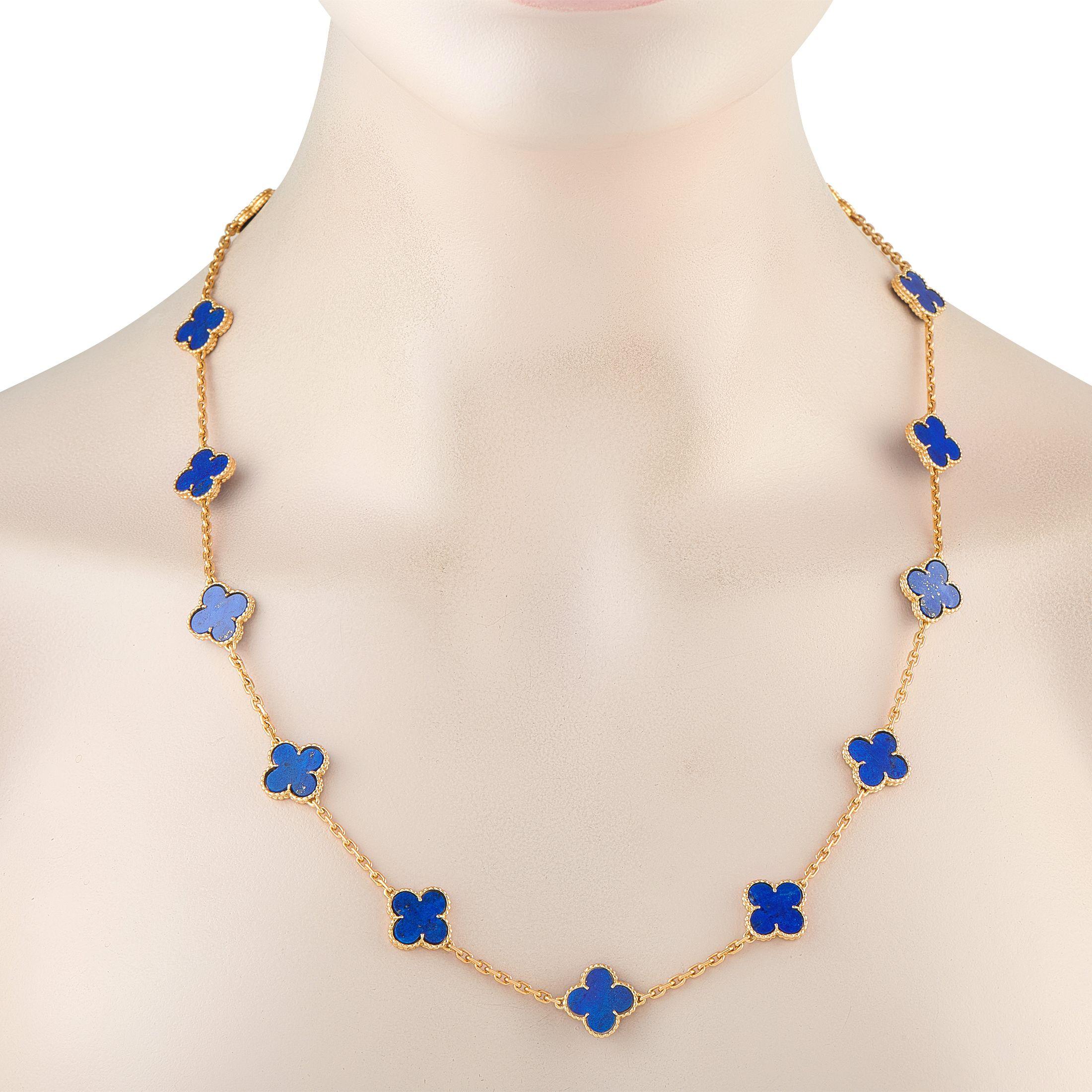 This vintage Van Cleef & Arpels Alhambra necklace is simply stunning. The 18K Yellow Gold chain is elevated by 20 of the brands iconic clover motifs, which come to life in breathtaking blue Lapis. It measures 31 long, allowing you to create a chic,