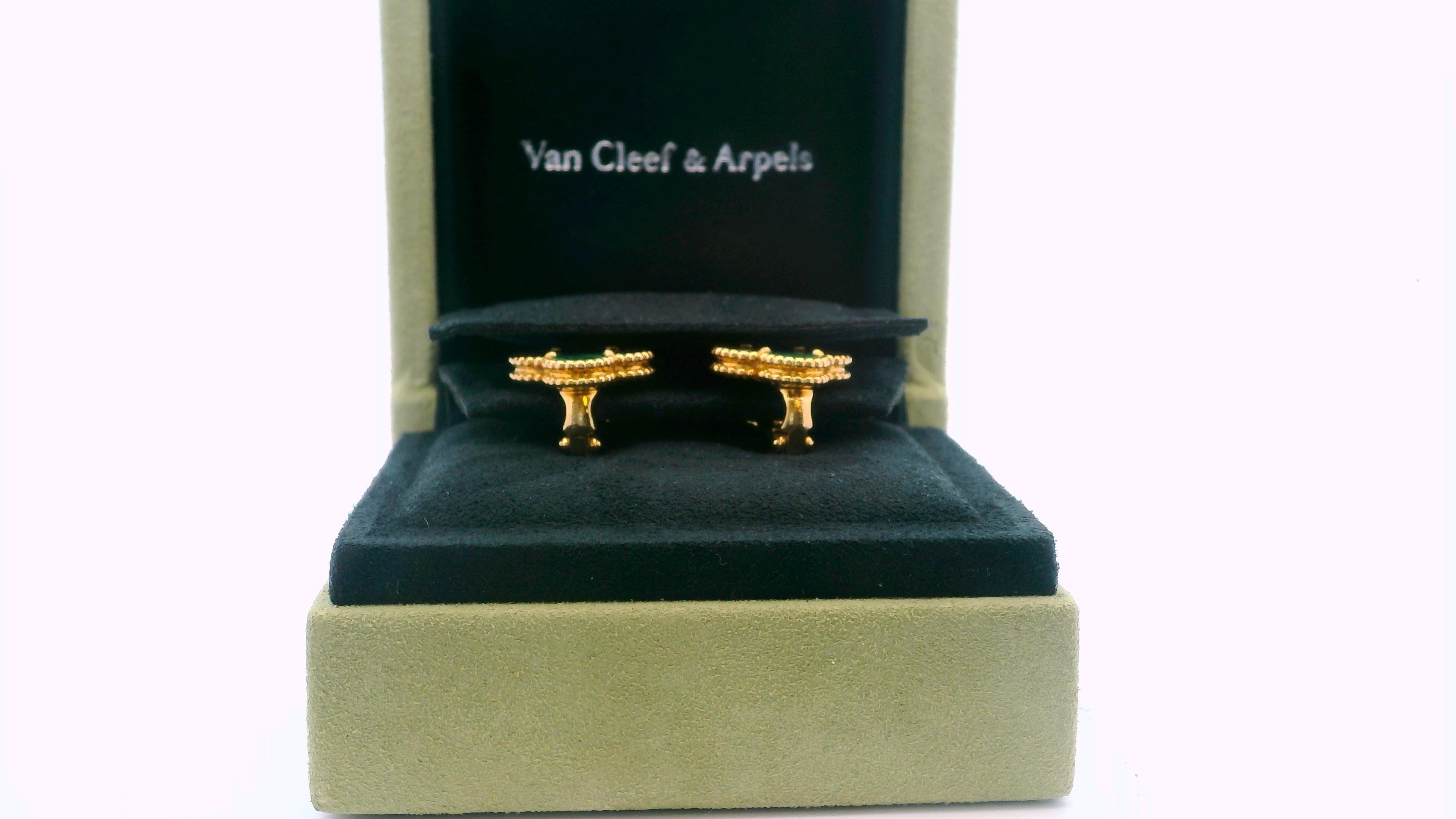 Van Cleef & Arpels Vintage Alhambra, 18K Gold & Malachite Earrings Box & Papers For Sale 2