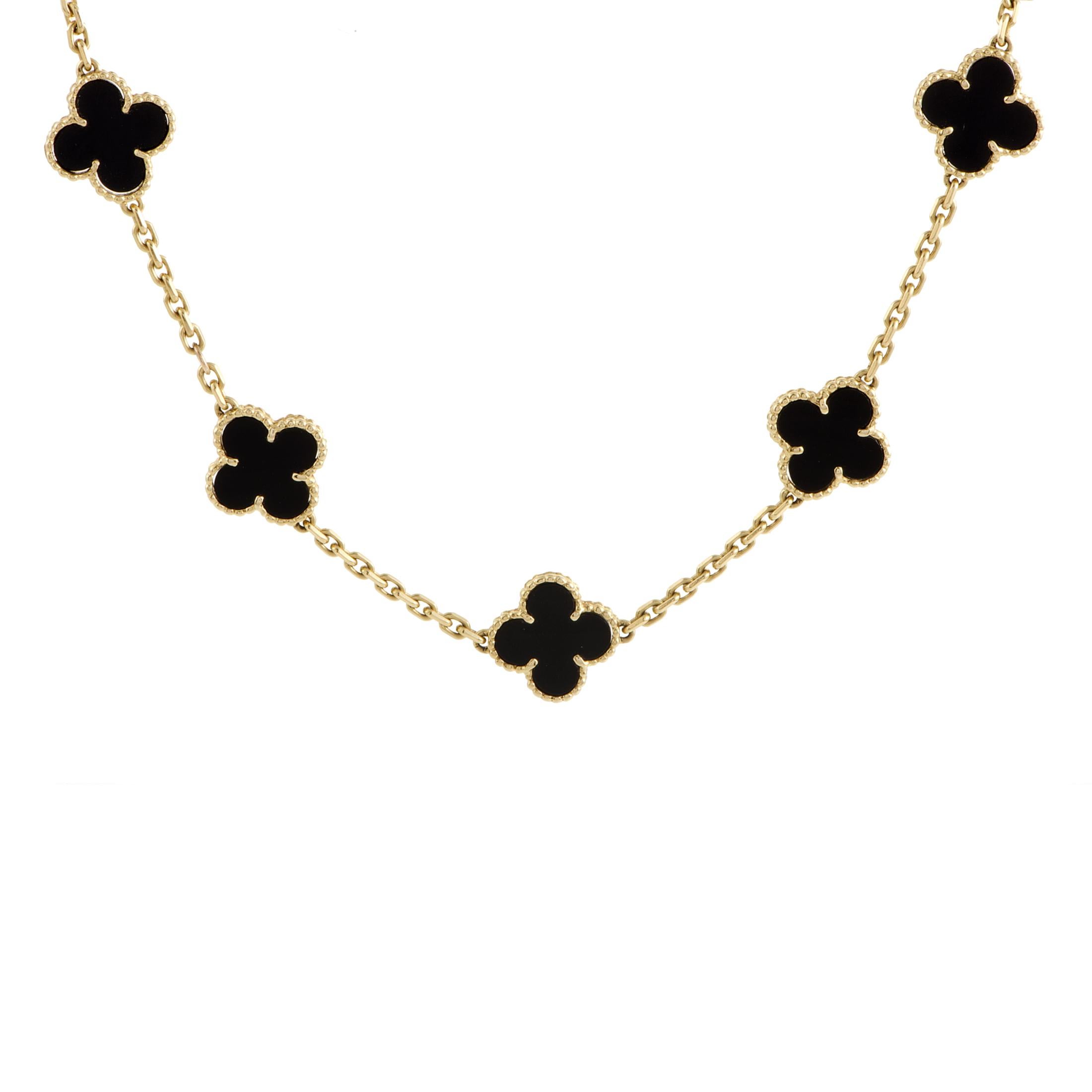 Van Cleef & Arpels Vintage Alhambra 18 Karat Yellow Gold 10 Motif Onyx Necklace In Excellent Condition In Southampton, PA