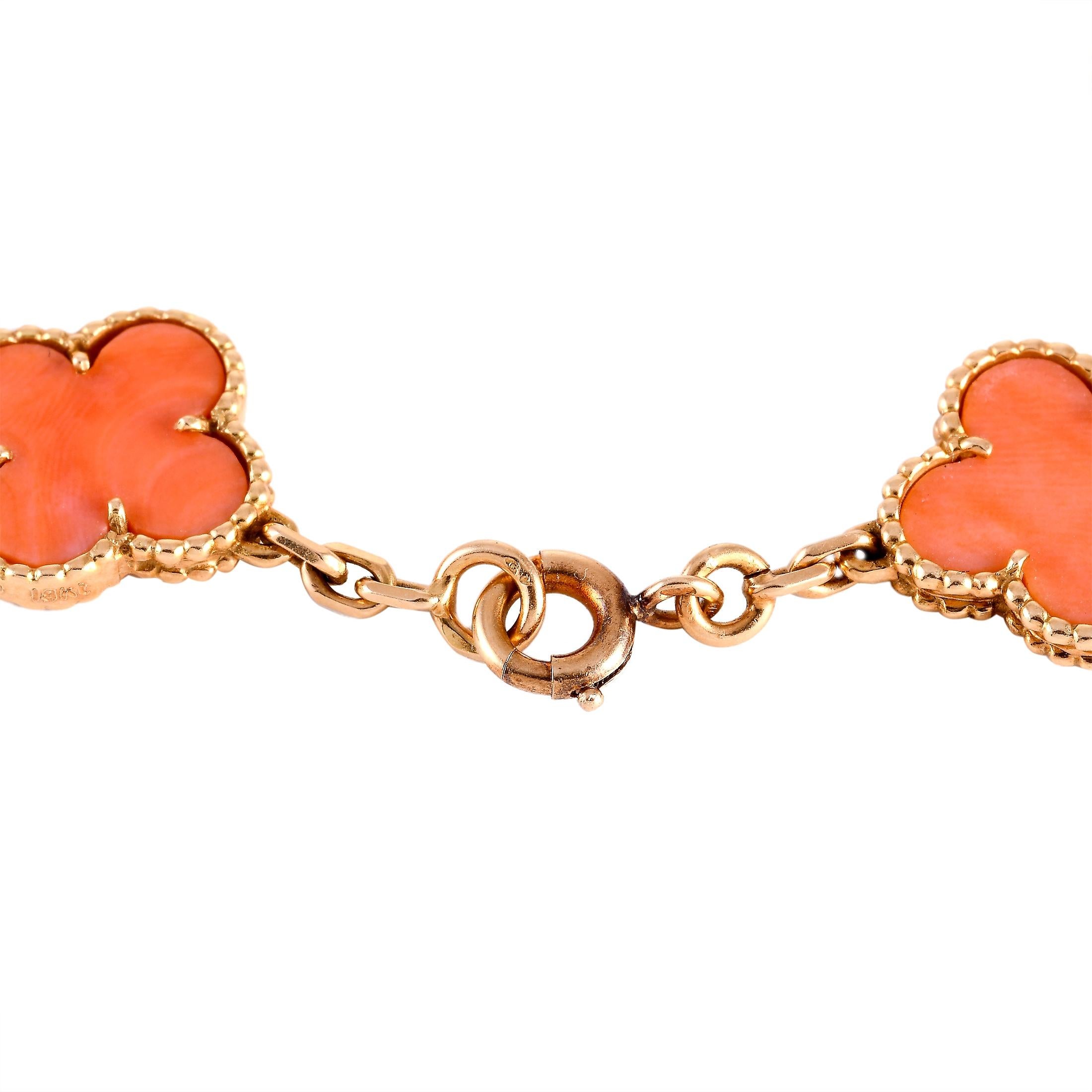 This vintage Van Cleef & Arpels “Alhambra” bracelet is made of 18K yellow gold and embellished with corals. The bracelet weighs 10.7 grams and measures 7” in length.

Offered in estate condition, this jewelry piece includes the manufacturer’s box.