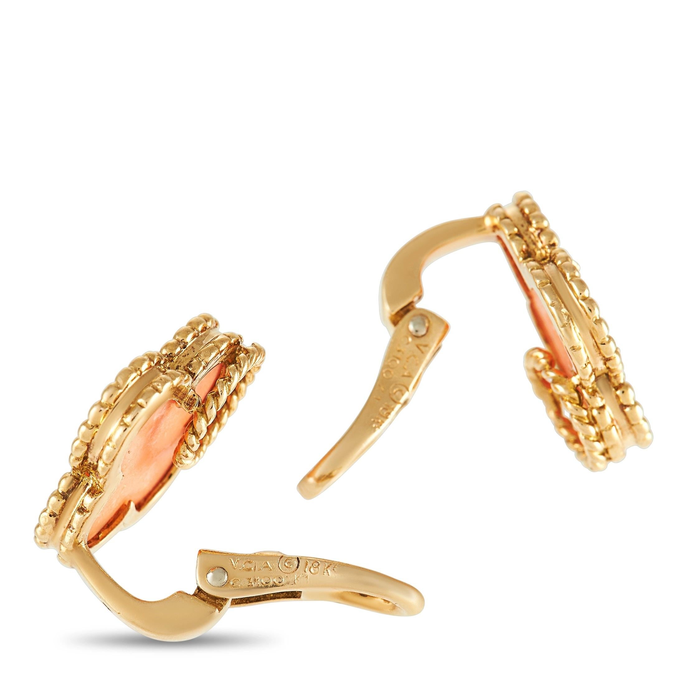 Made from lustrous 18K Yellow Gold, these Van Cleef & Arpels earrings will add luxury to any ensemble. The brand’s iconic Alhambra shape is only elevated by opulent Coral accenting the center of the design. Each earring measures 0.5” round and