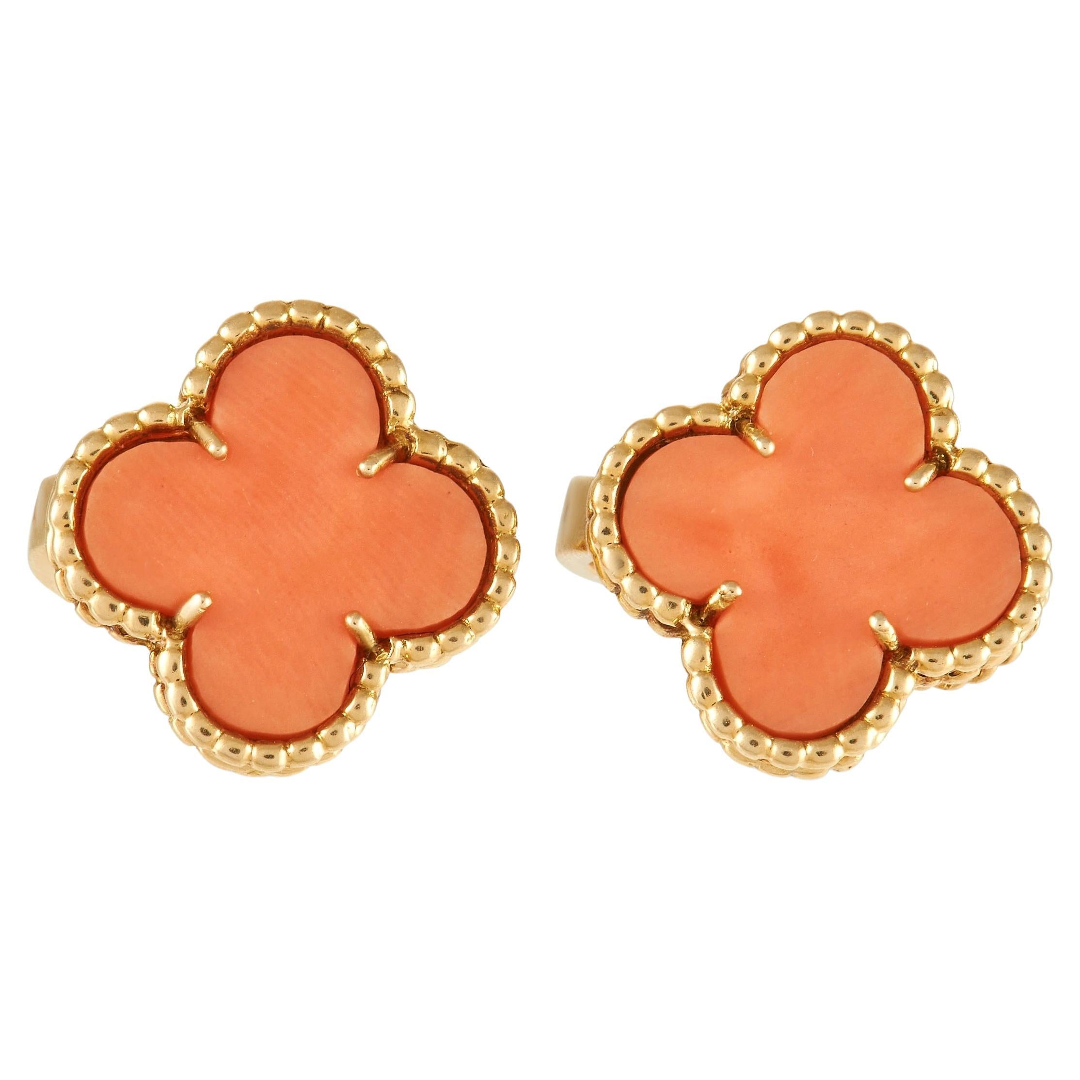Van Cleef & Arpels Vintage Alhambra 18K Yellow Gold Coral Earrings