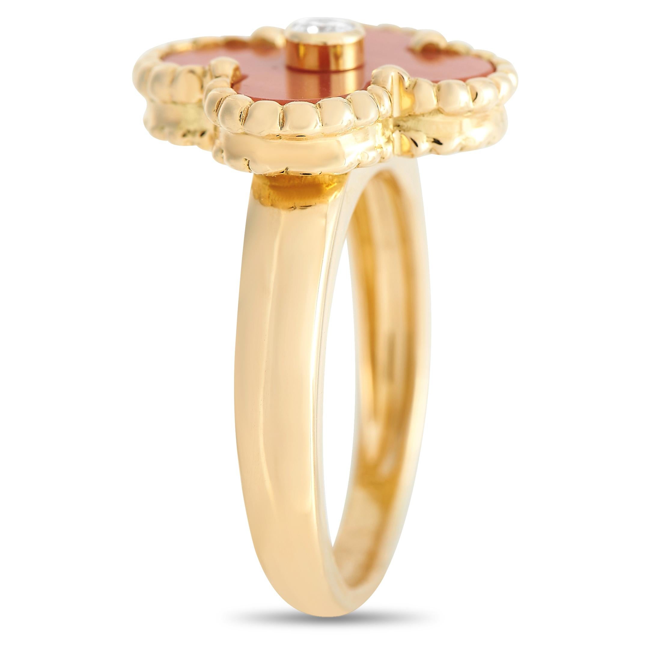 You're in luck! Here is another symbolic Alhambra to add to your collection. Crafted by Van Cleef & Arpels, this vintage Alhambra ring radiates timeless elegance. The yellow gold band is topped with the iconic four-leaf clover-inspired motif with a