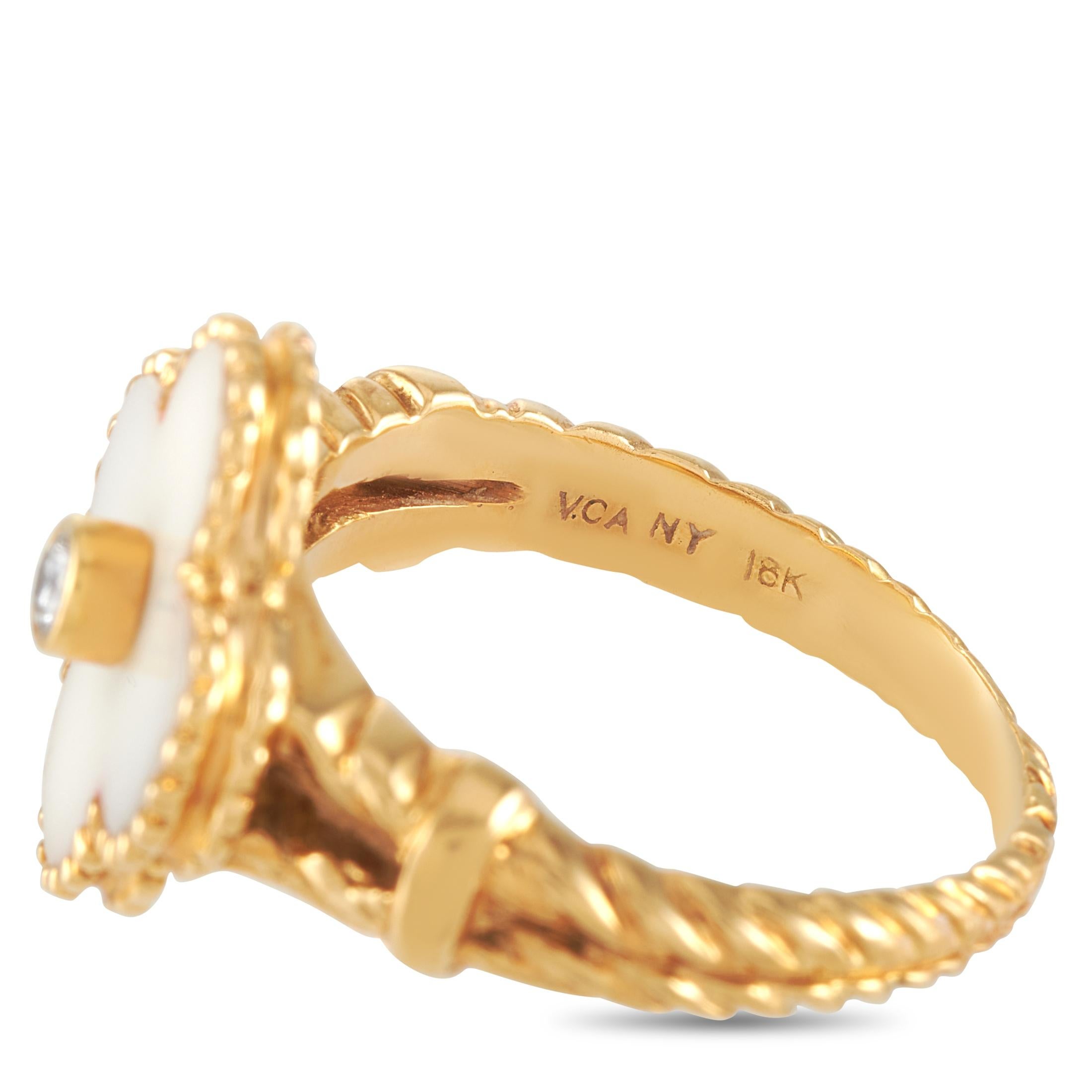 Women's Van Cleef & Arpels Vintage Alhambra 18K Yellow Gold Diamond and White Coral Ring