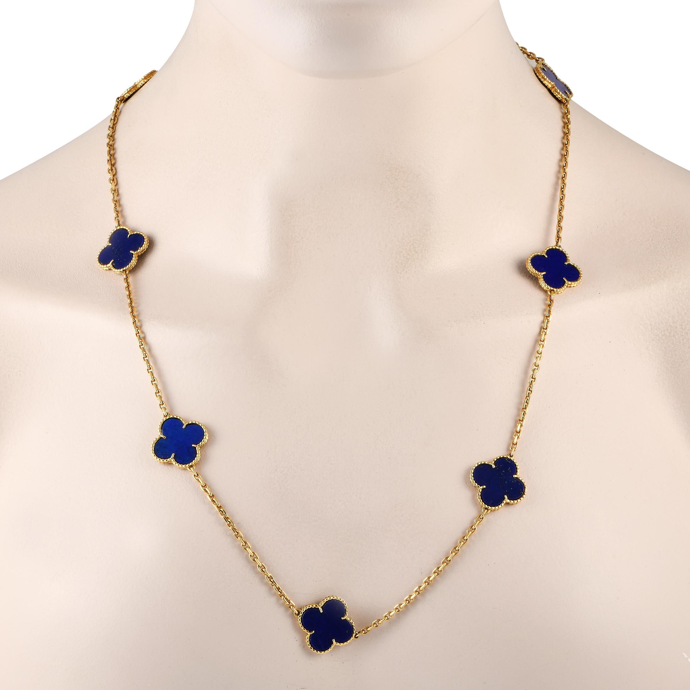 Van Cleef & Arpels Vintage Alhambra Halskette aus 18 Karat Gelbgold mit Lapislazuli und 10 Motiven (Gemischter Schliff)