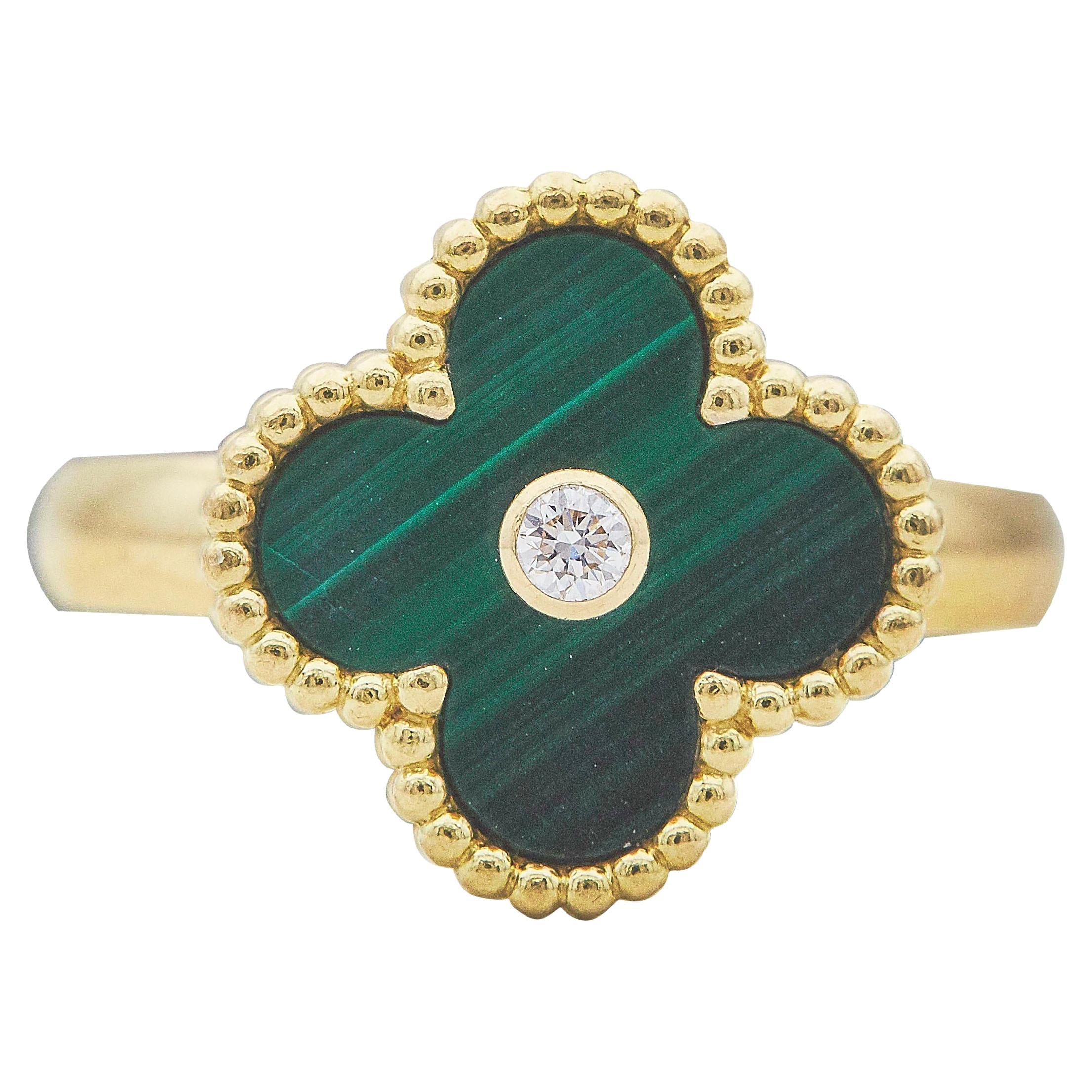 Van Cleef & Arpels Vintage Alhambra 18K Yellow Gold Malachite Diamond Ring