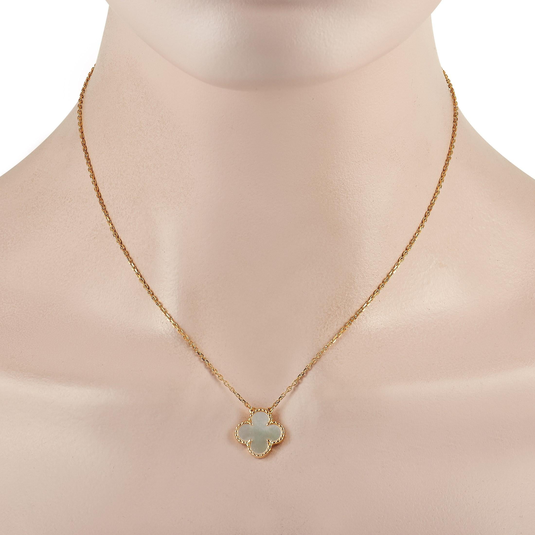 Versatile and refined, thsi Van Cleef & Arpels 18K Yellow Gold Mother of Pearl Necklace is an understated treasure worthy of putting on display every day. The yellow gold necklace holds an Alhambra pendant with the recognizable four-leaf clover