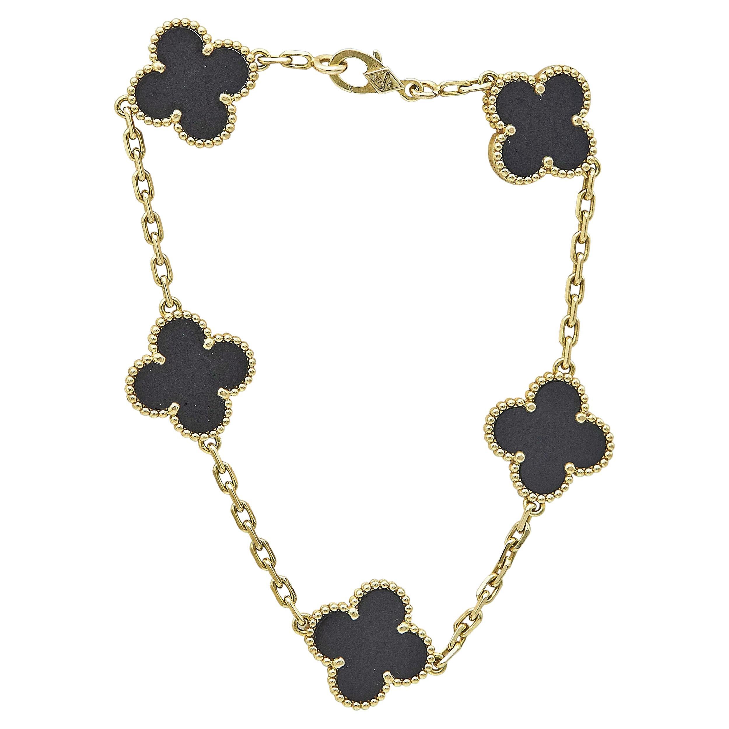 Van Cleef & Arpels Vintage Alhambra 18K Yellow Gold Onyx 5 Motifs Bracelet