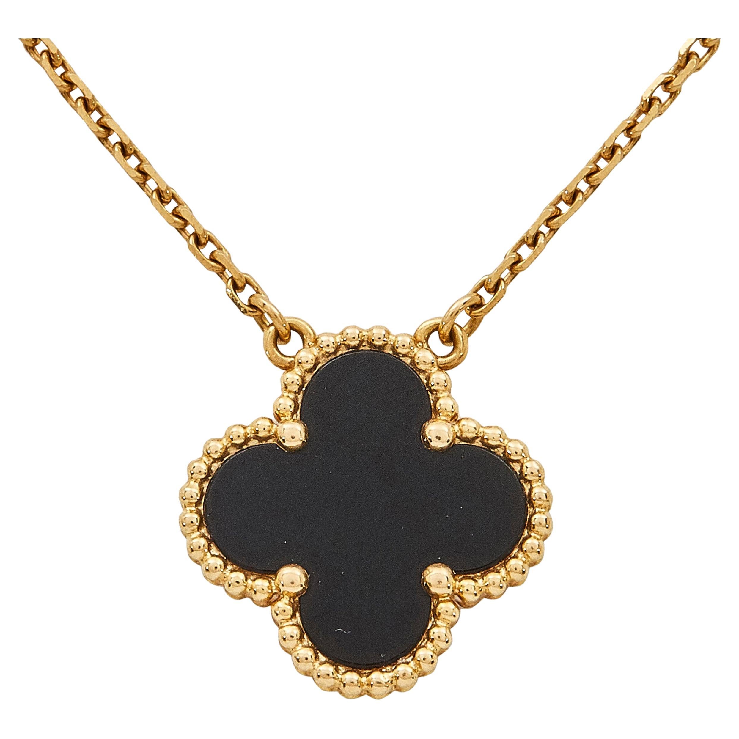 Van Cleef & Arpels Vintage Alhambra 18K Yellow Gold Onyx Pendant Necklace