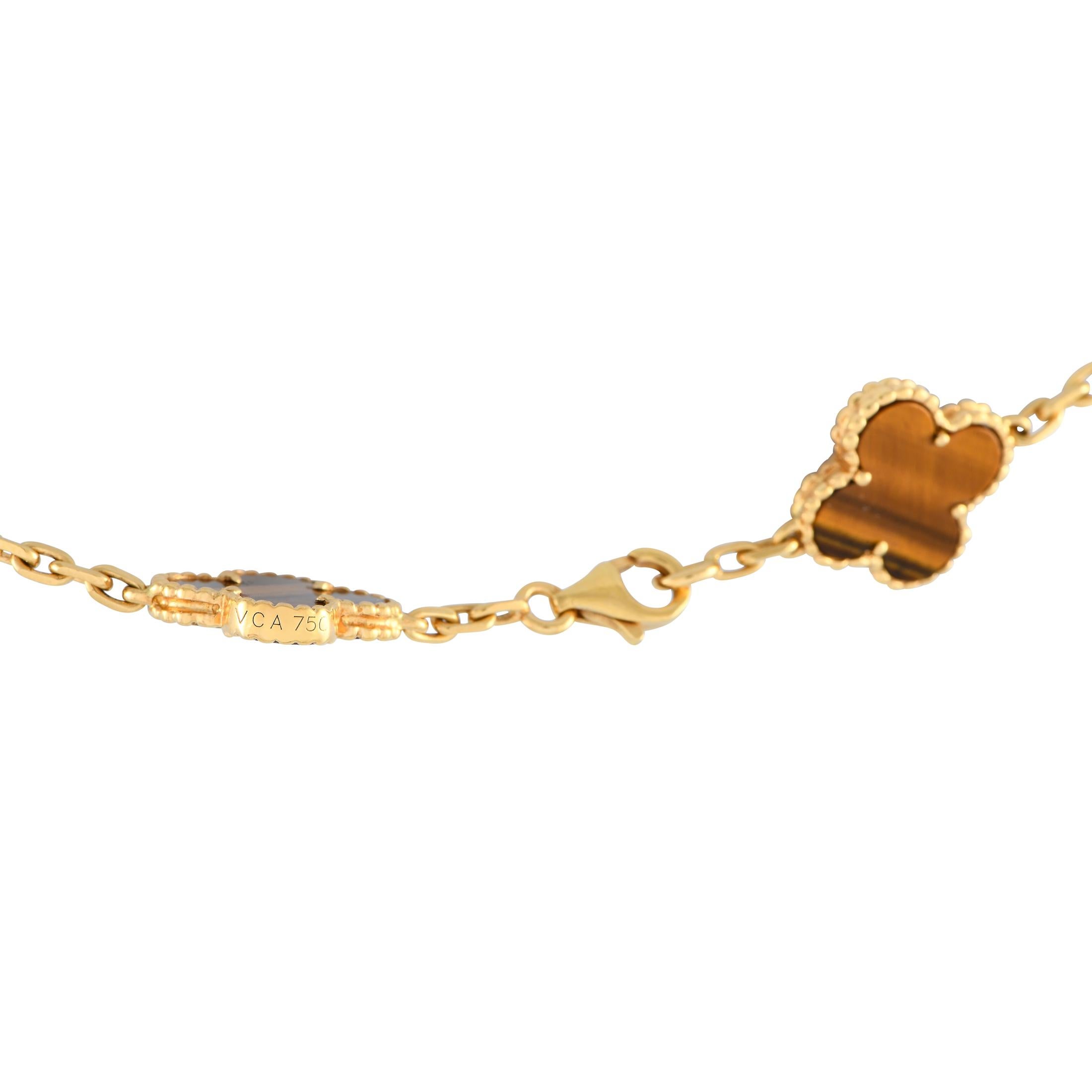 Mixed Cut Van Cleef & Arpels Vintage Alhambra 18K Yellow Gold Tiger Eye 20-Motif Necklace For Sale