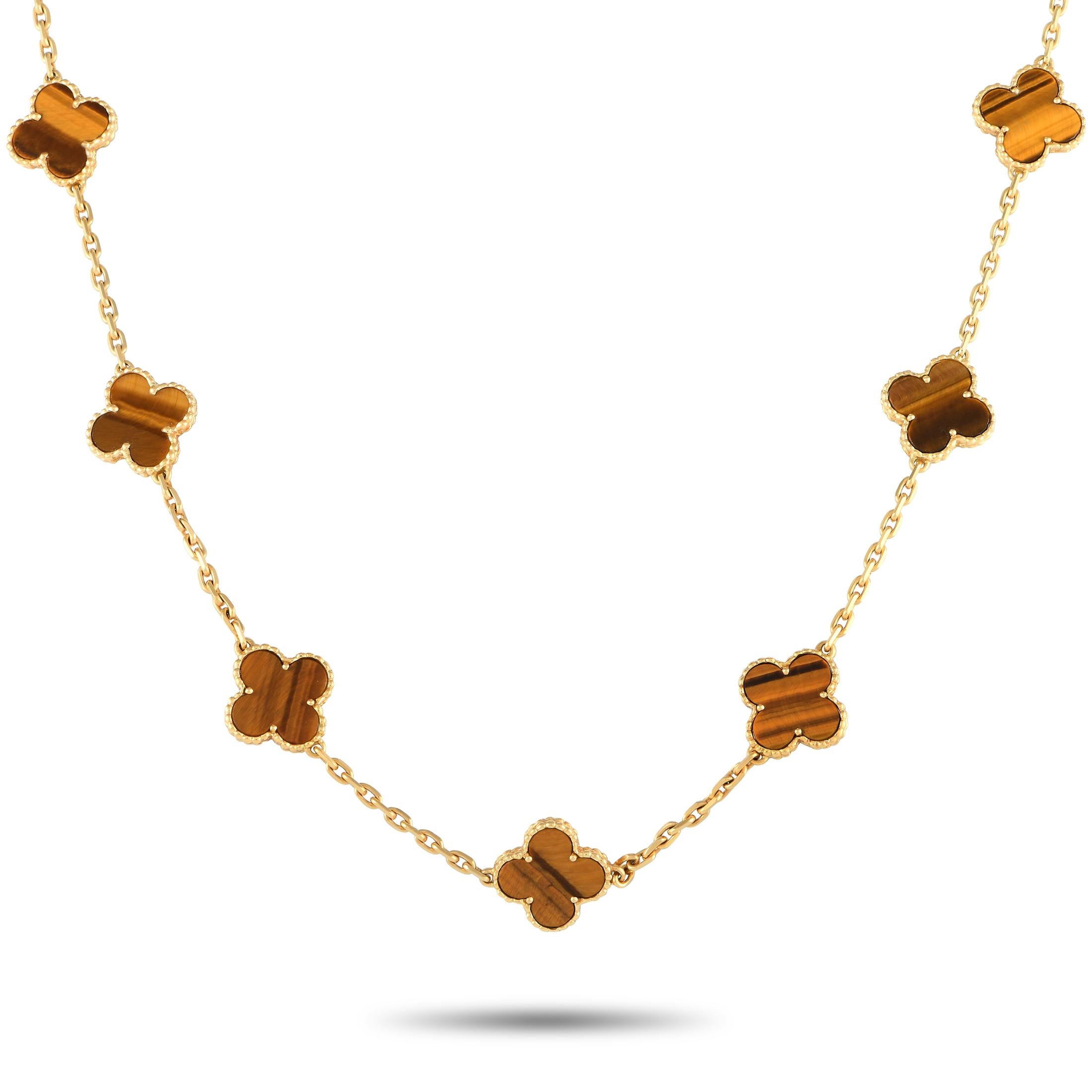 Van Cleef & Arpels Vintage Alhambra 18K Yellow Gold Tiger Eye 20-Motif Necklace In Excellent Condition For Sale In Southampton, PA