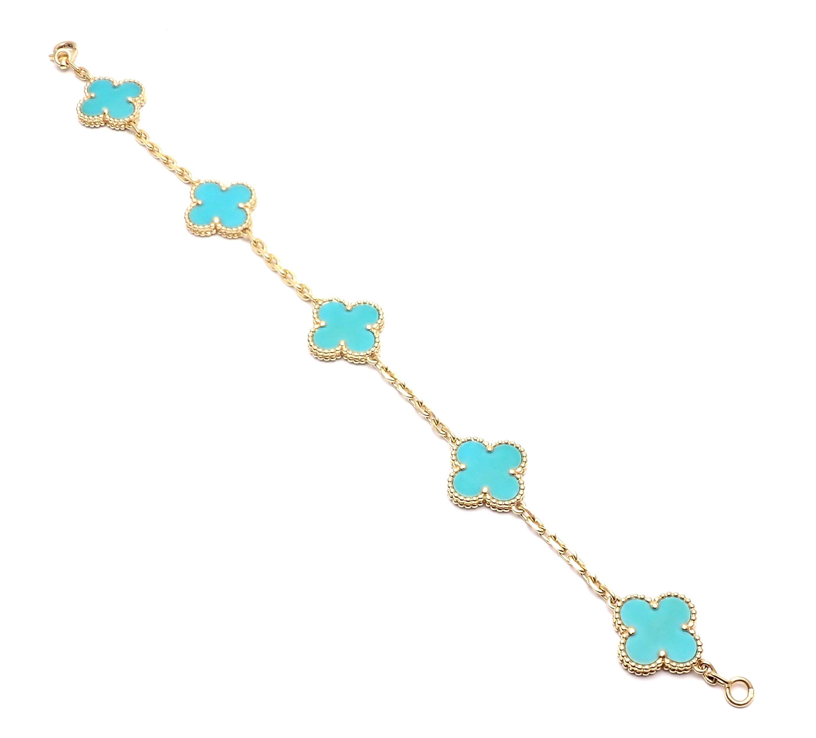 18k Yellow Gold Vintage Turquoise Alhambra Bracelet from Van Cleef & Arpels.  
With 5 alhambra shape turquoise stones. 
Details:  
Length: 7.5'' 
Weight: 10.9 grams 
Stamped Hallmarks: VCA 750 JB151197
*Free Shipping within the United States*  
YOUR