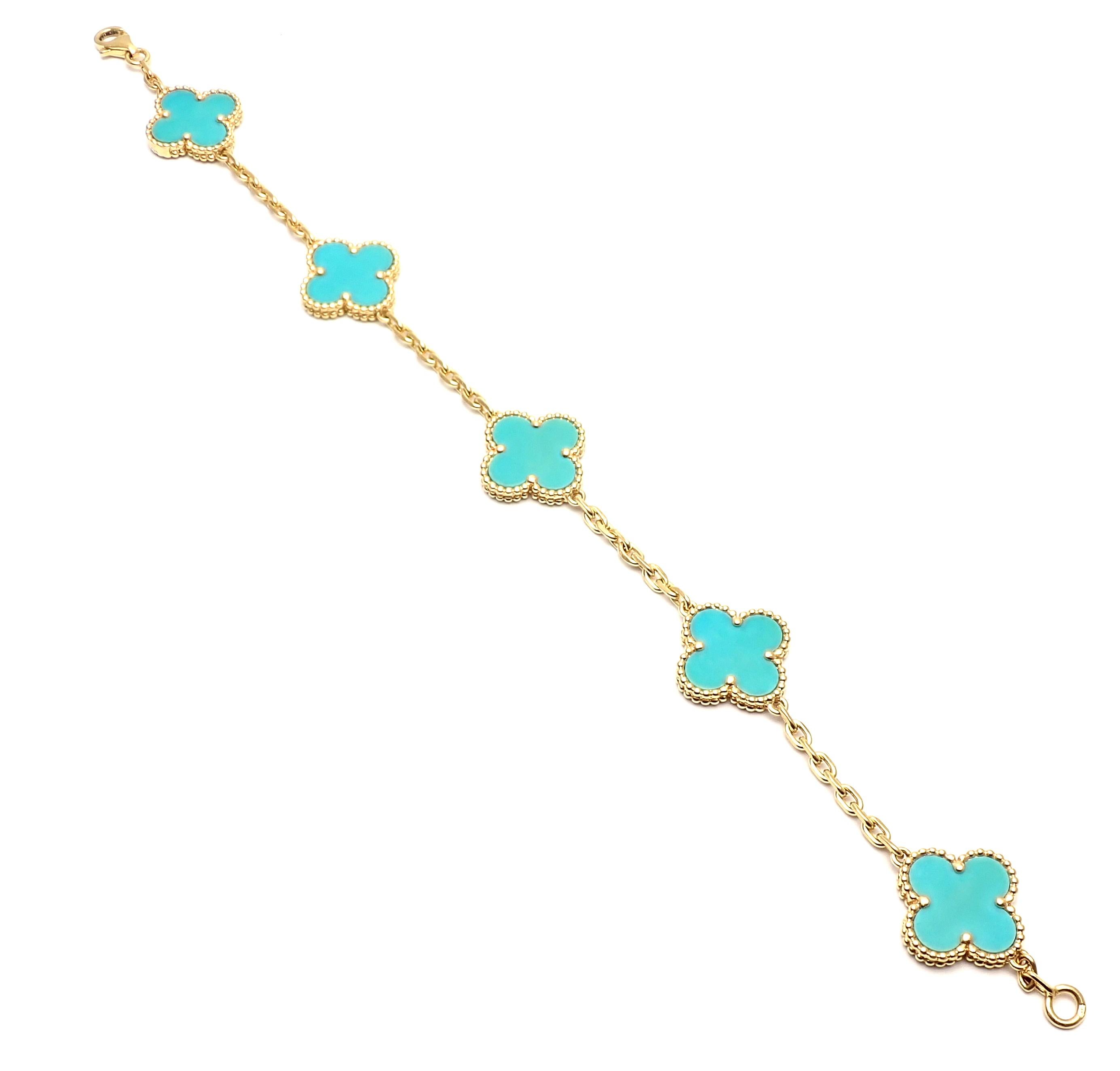 Van Cleef & Arpels Vintage Alhambra 18 Karat Yellow Gold Turquoise Bracelet In Excellent Condition In Southampton, PA