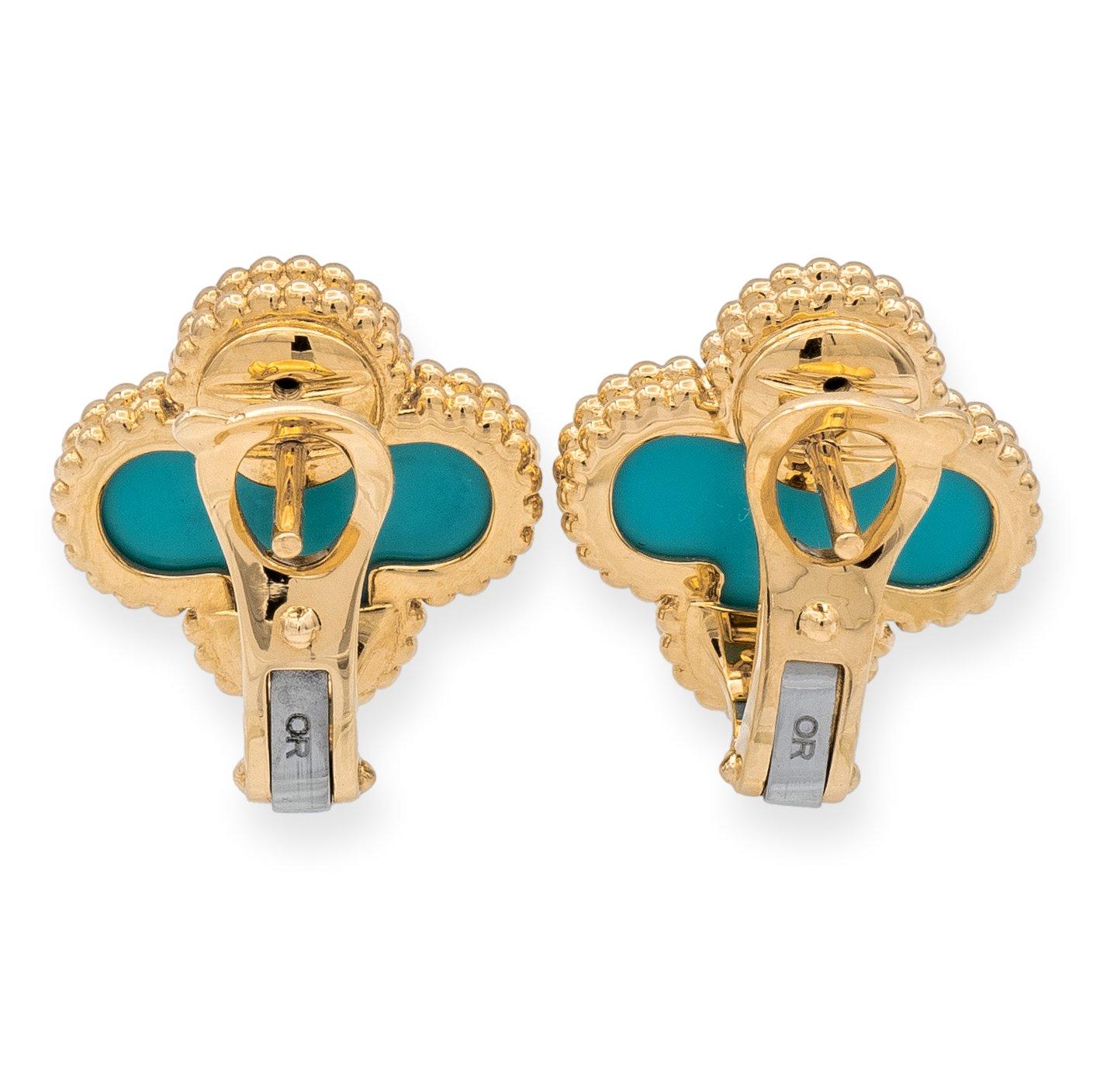Contemporary Van Cleef & Arpels Vintage Alhambra 18k Yellow Gold Turquoise Clip Earrings