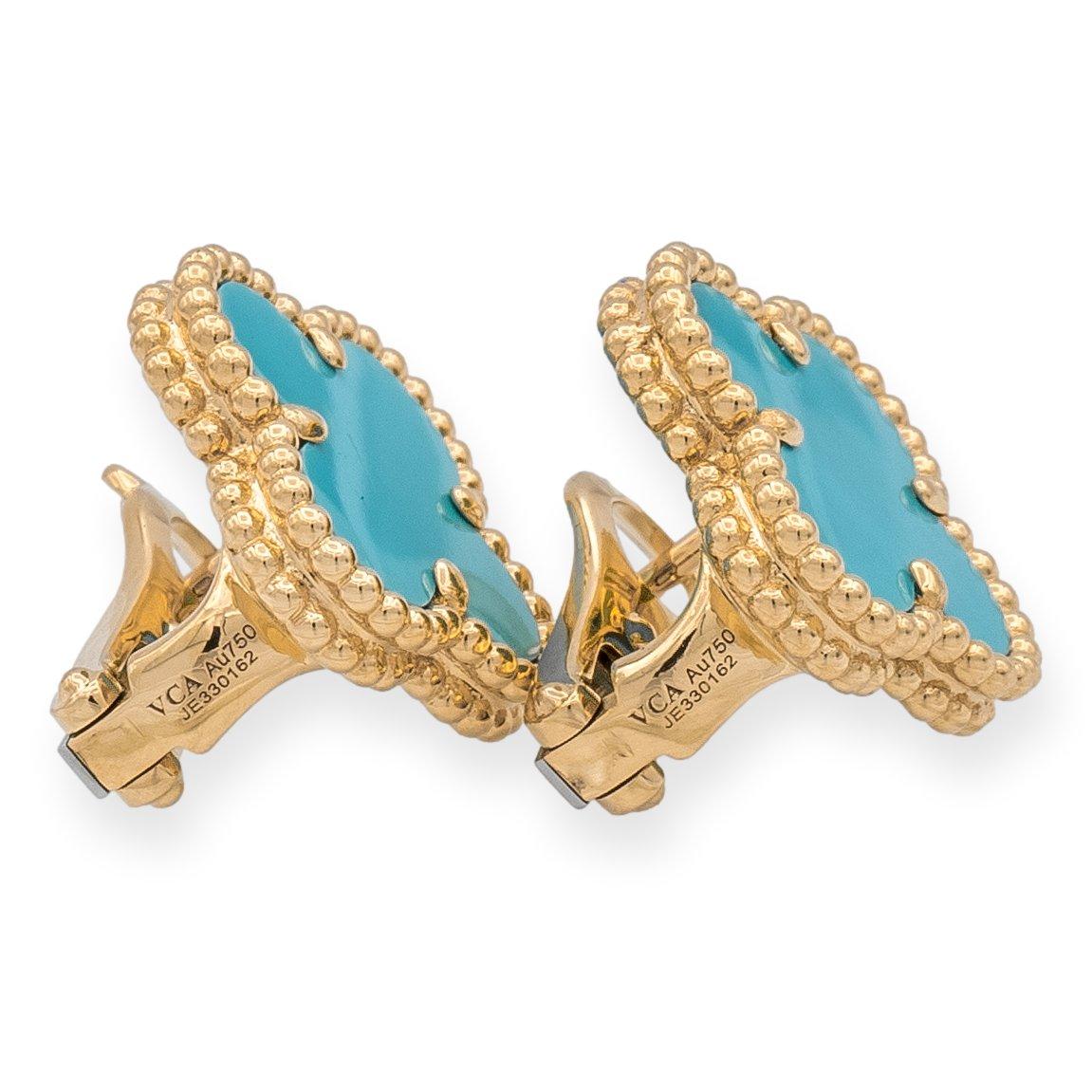 Uncut Van Cleef & Arpels Vintage Alhambra 18k Yellow Gold Turquoise Clip Earrings