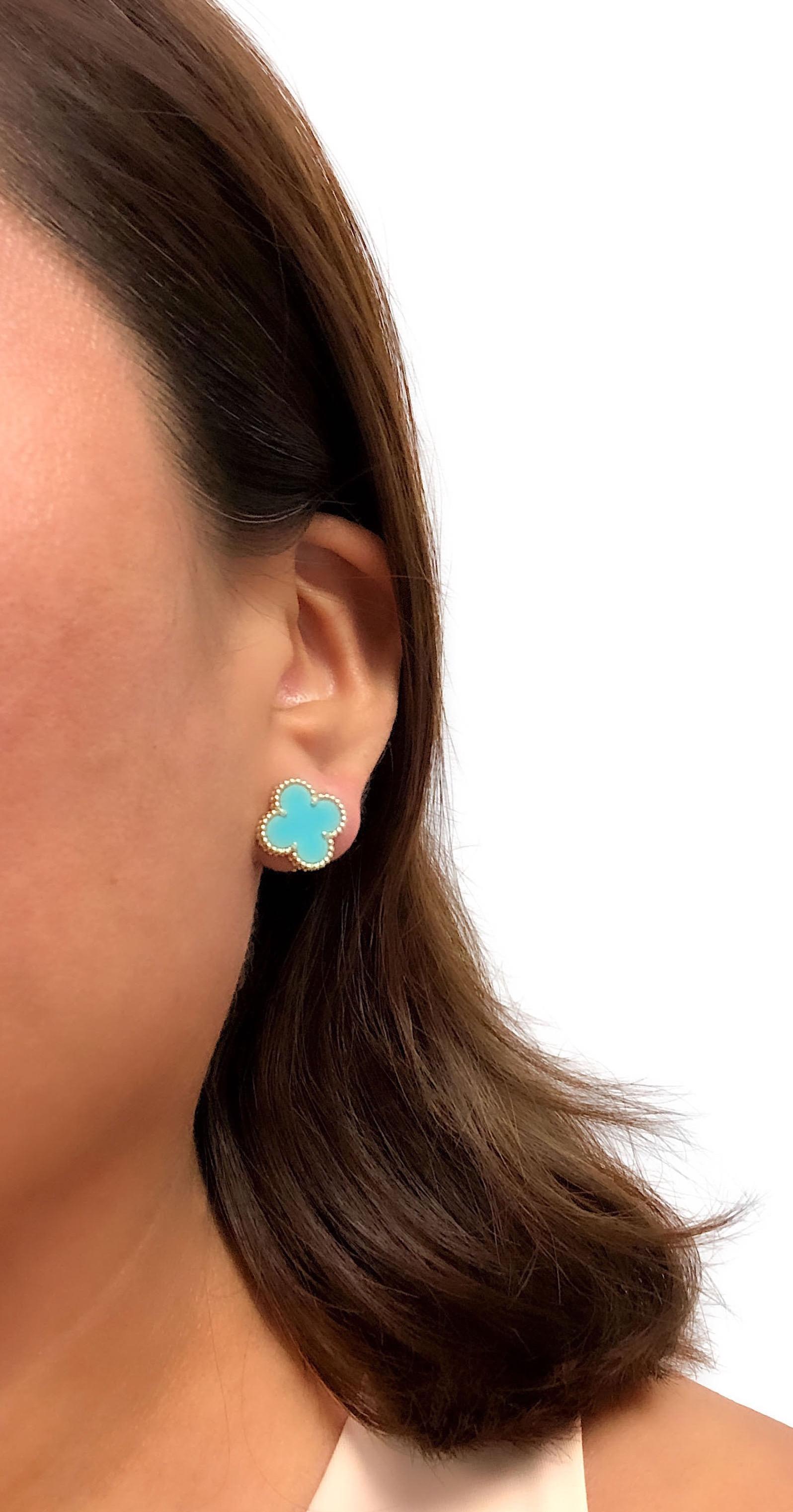 Women's Van Cleef & Arpels Vintage Alhambra 18k Yellow Gold Turquoise Clip Earrings
