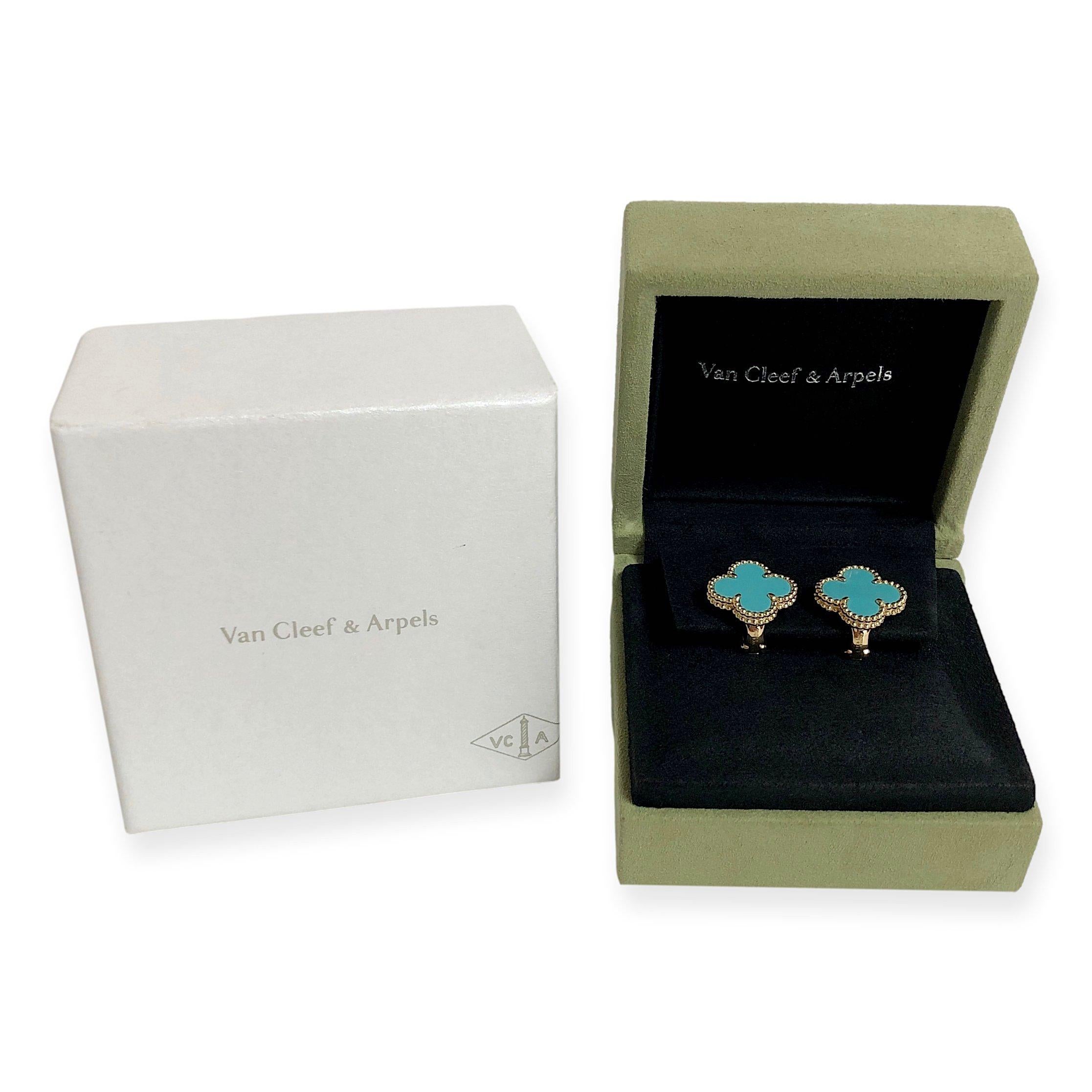 Van Cleef & Arpels Vintage Alhambra 18k Yellow Gold Turquoise Clip Earrings 1