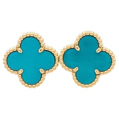 Van Cleef & Arpels Retro Alhambra 18k Yellow Gold Turquoise Clip Earrings