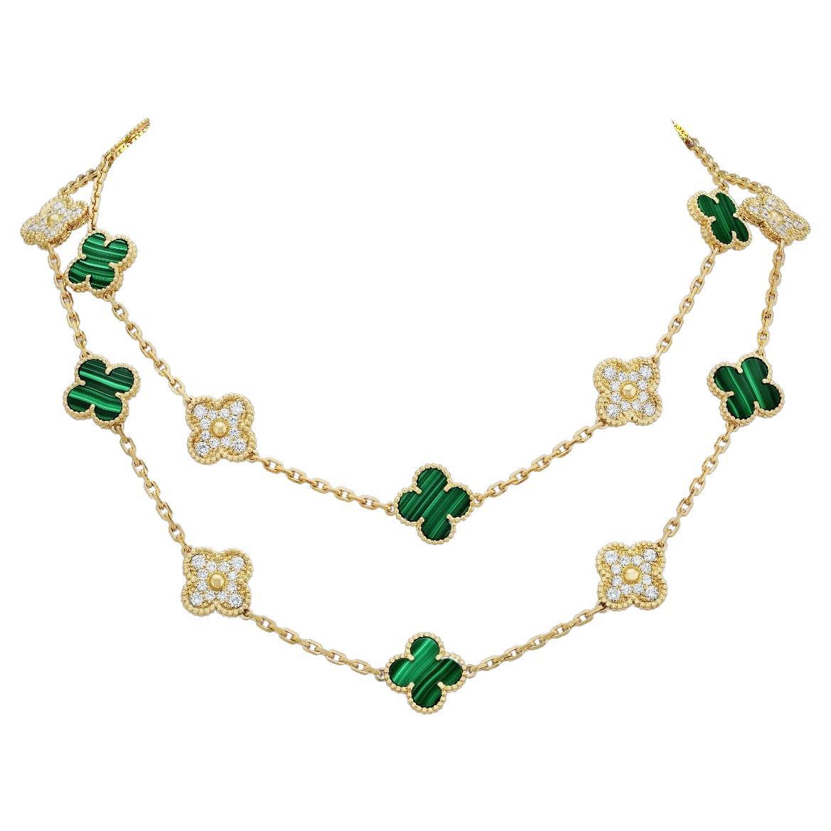 Van Cleef & Arpels Vintage Alhambra  20 Malachite Gold and Diamonds  Necklace