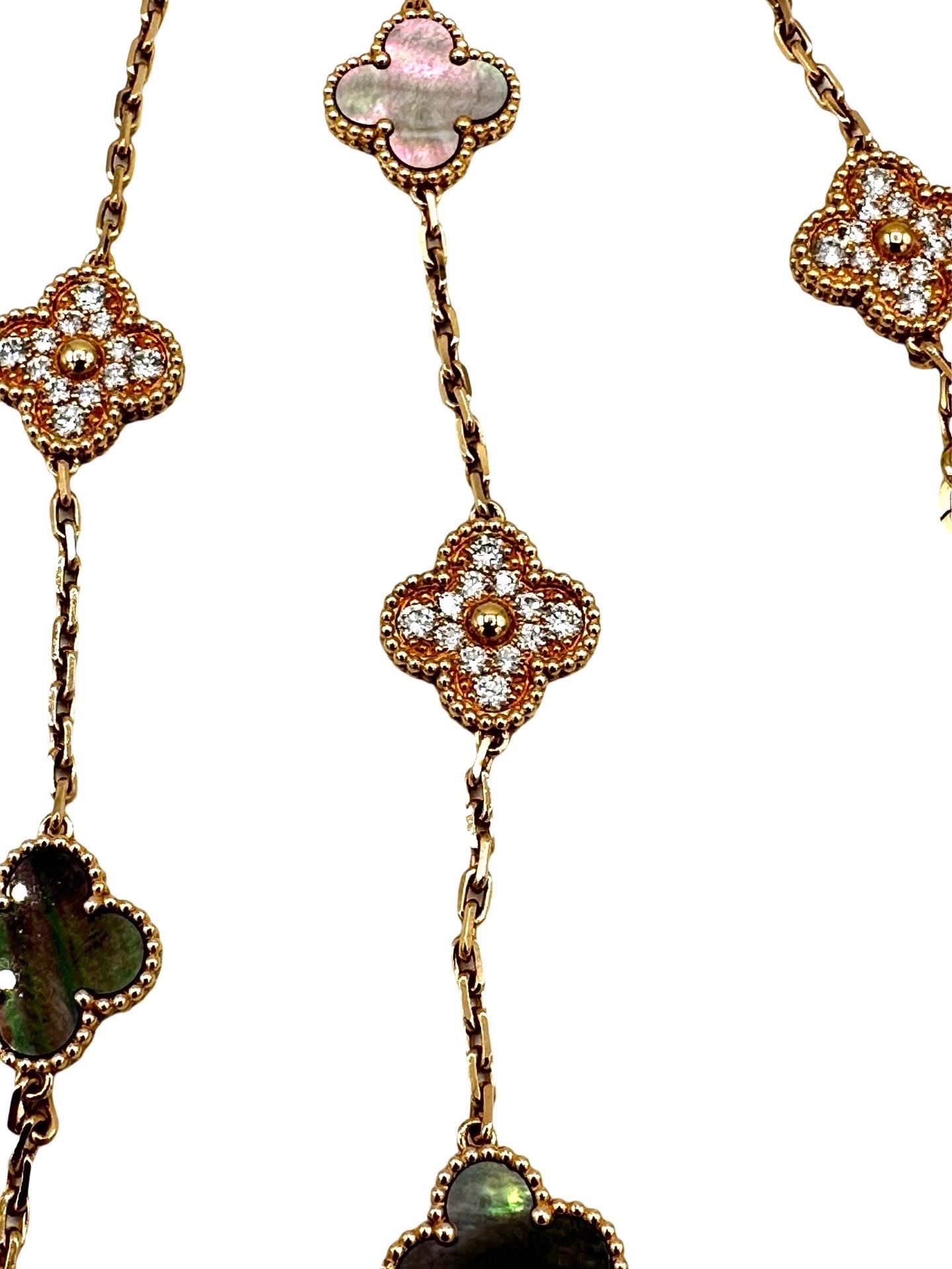 An impossible to find Van Cleef & Arpels Vintage Alhambra Necklace!  This necklace features 120 round brilliant Diamonds, DEF color, and VVS clarity with a total weight of 4.83 carats.  The Diamond motifs alternate with gray Mother of Pearl motifs. 