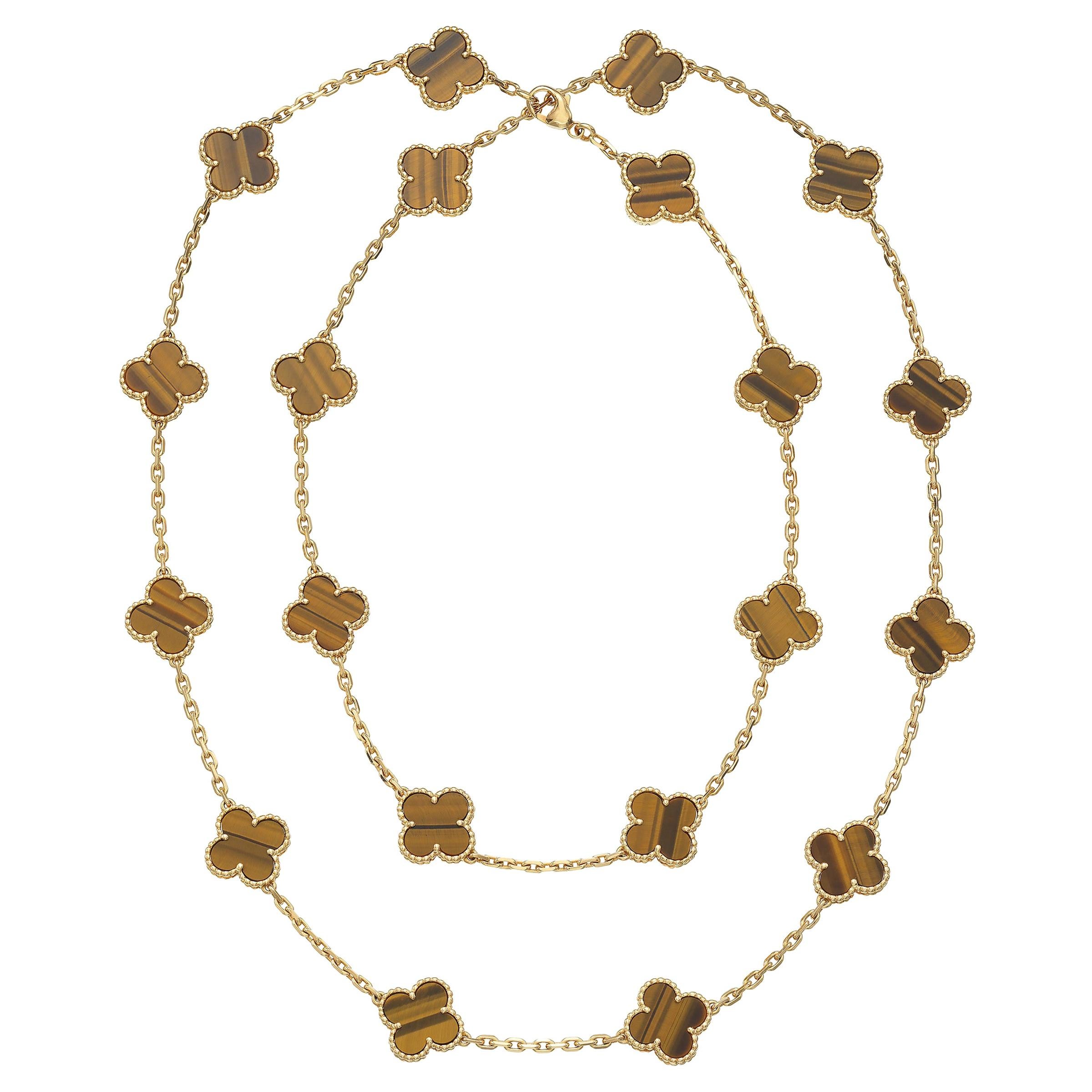 Van Cleef and Arpels Vintage Alhambra 20 Motif Tiger's Eye Necklace in 18K  Gold at 1stDibs