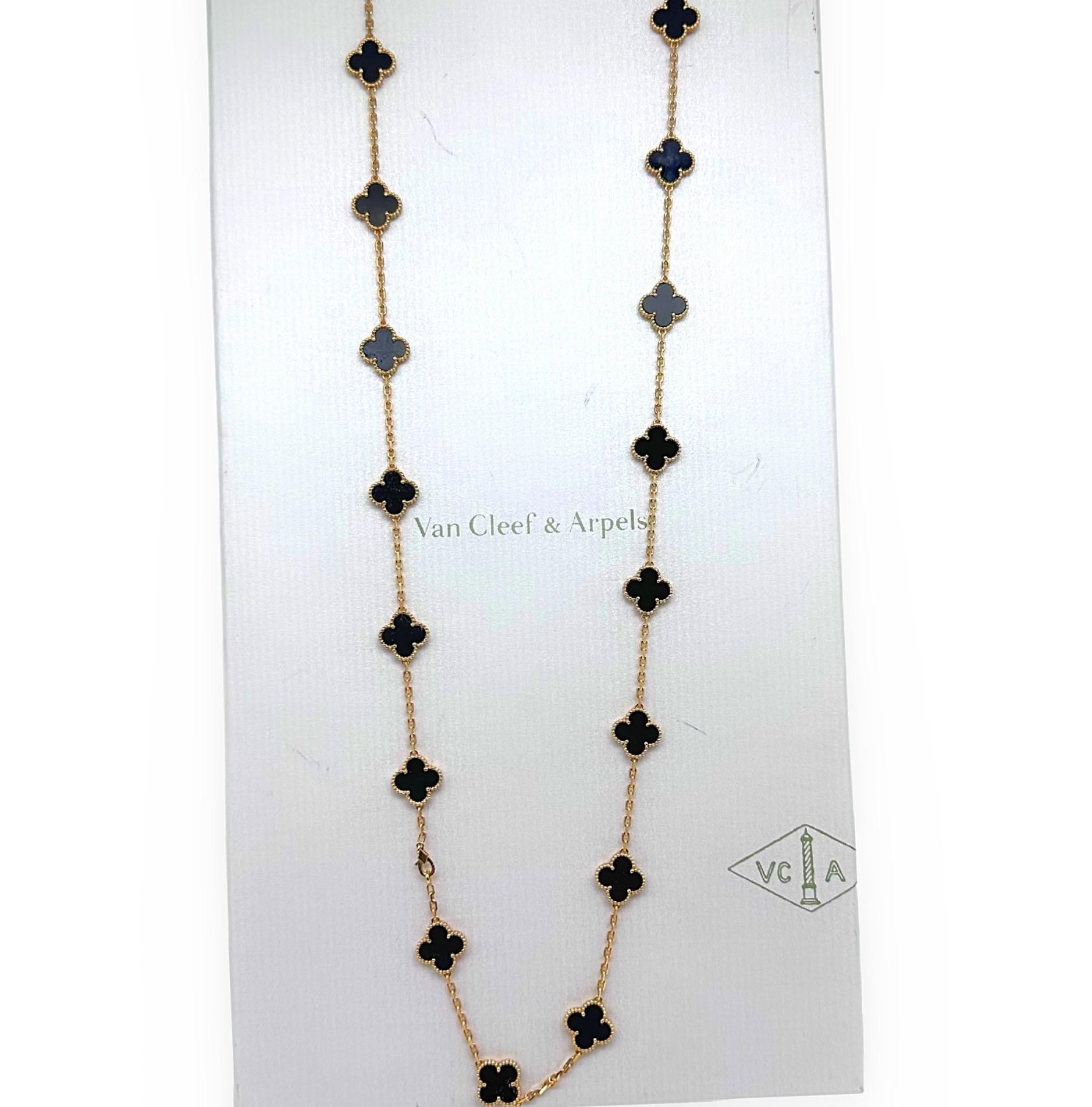 Van Cleef & Arpels Vintage Alhambra Halskette mit 20 Motiven aus schwarzem Onyx, Vintage, COA im Angebot 5