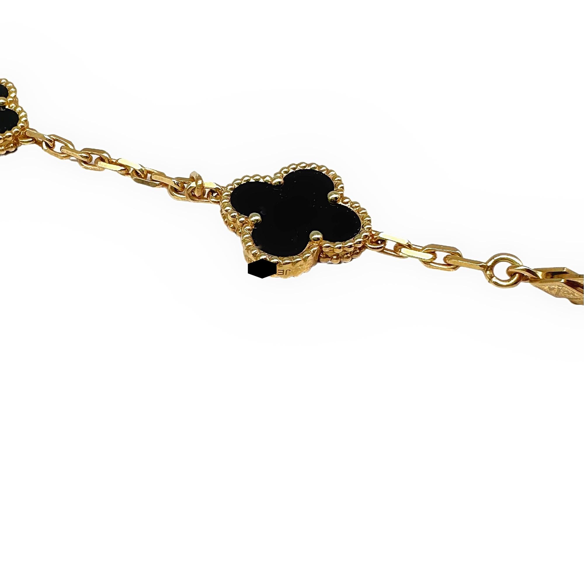 Mixed Cut Van Cleef & Arpels Vintage Alhambra 20 Motifs Black Onyx Necklace Box Papers COA For Sale