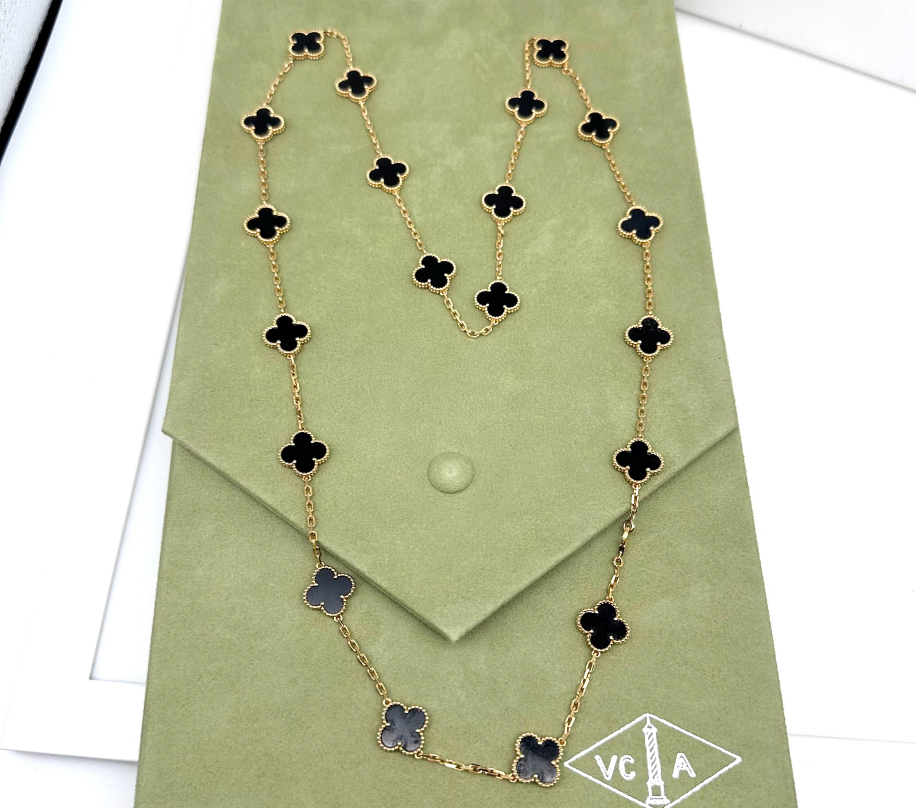 Women's or Men's Van Cleef & Arpels Vintage Alhambra 20 Motifs Black Onyx Necklace Box Papers COA For Sale