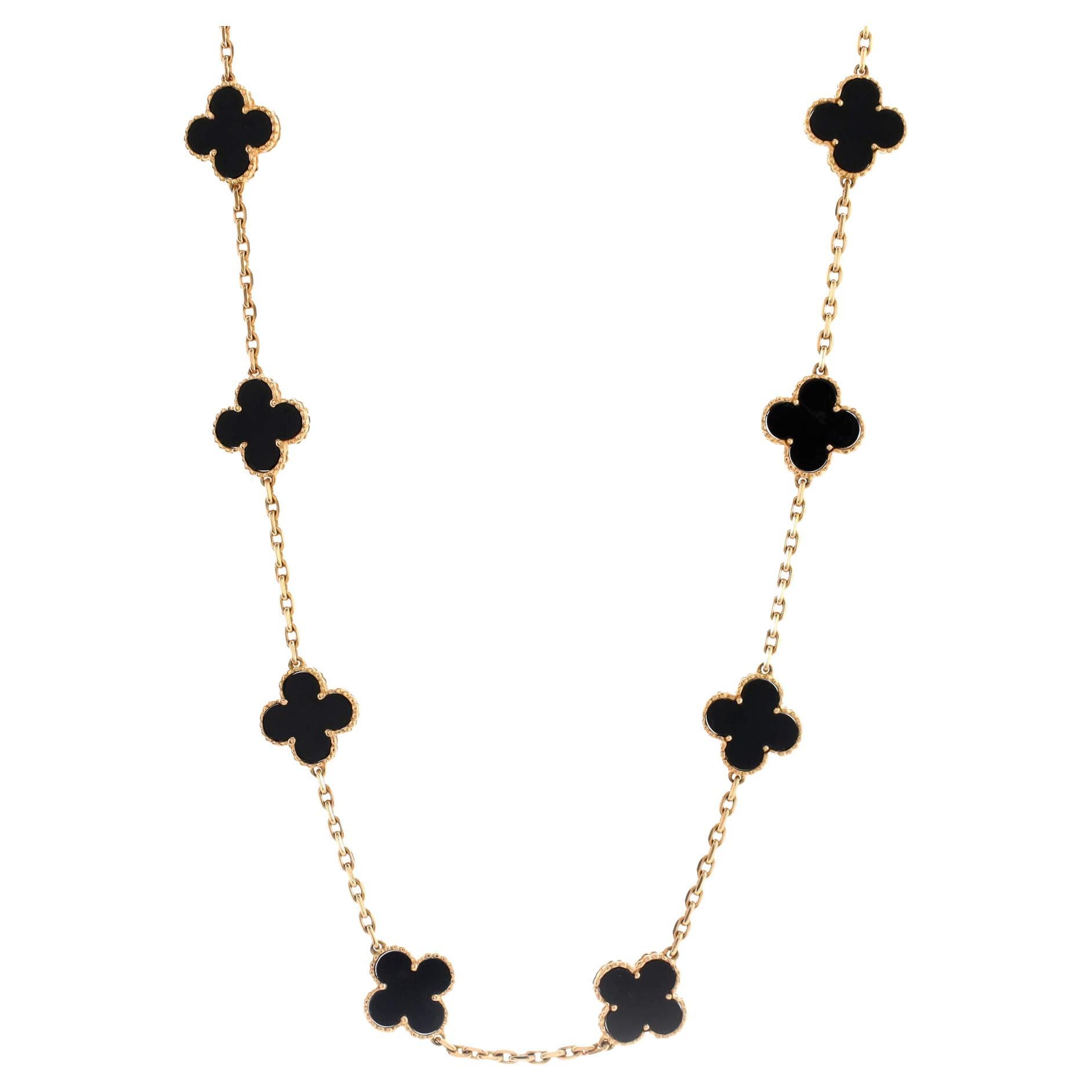 Van Cleef & Arpels Vintage Alhambra 20 Motifs Necklace 18k Yellow Gold and Onyx