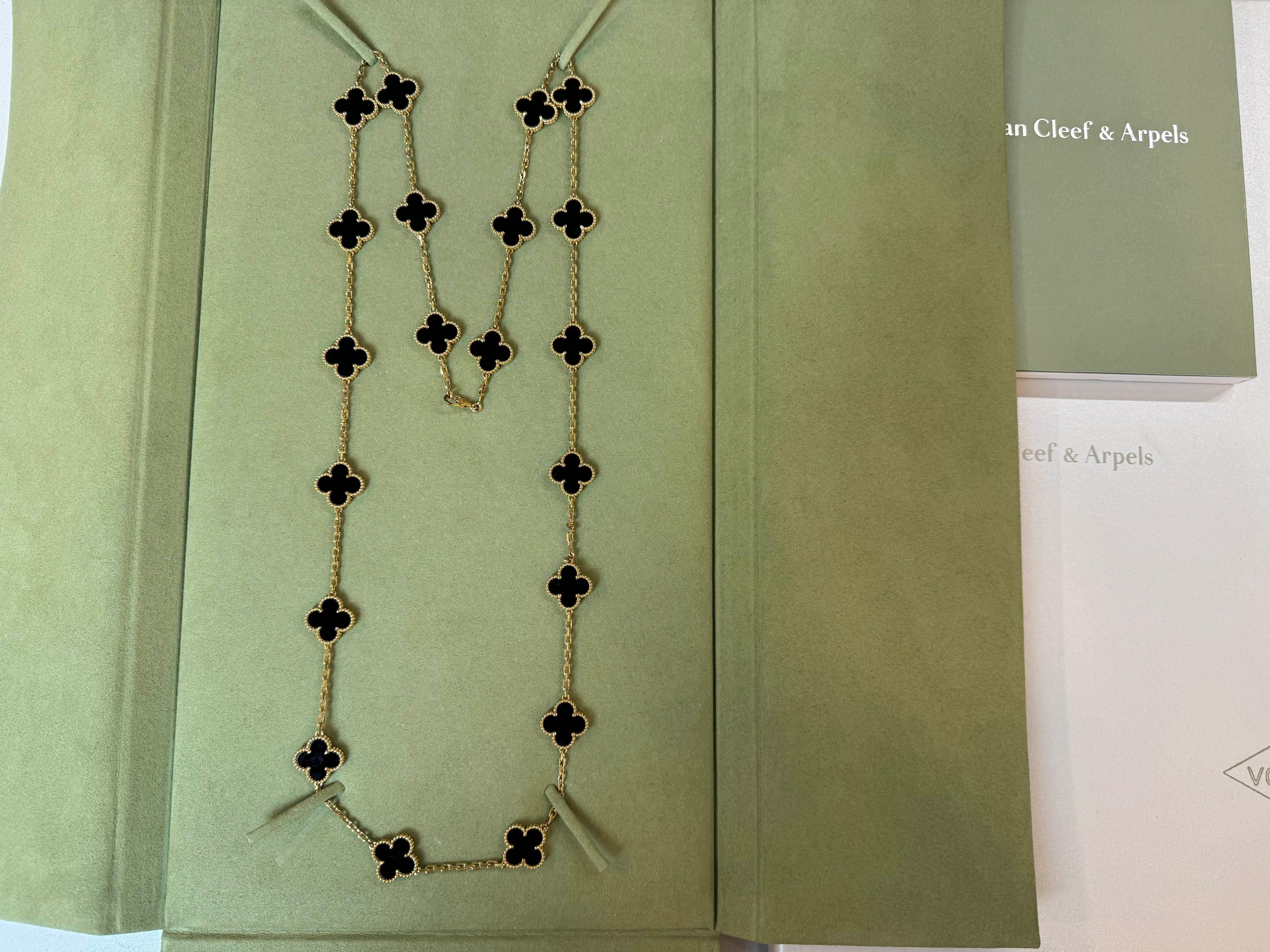 Vintage Alhambra 20 motifs Onyx necklace from the Alhambra series. Hard to score at the boutique. Can be worn as a long necklace or double-tour for a chocker style.
Maker: Van Cleef & Arpels
Accessories: Boxes, the original certificate dated
