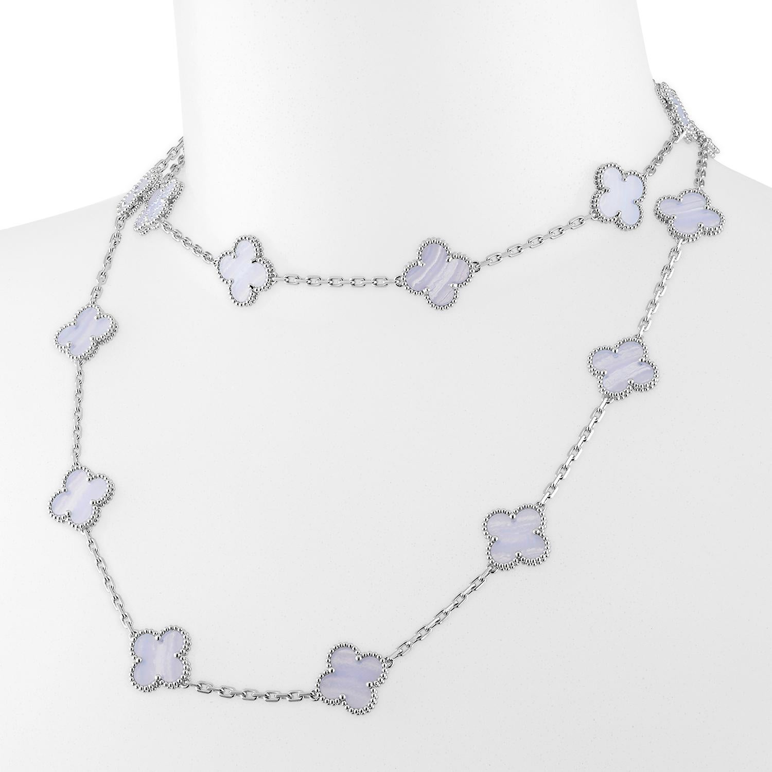 Van Cleef & Arpels long necklace of 20 motifs Chalcedony. Multiple ways of wearing as a necklace or a bracelet. The beautiful natural pattern of quartz.

Maker: Van Cleef & Arpels

Accessories: Boxes, the original certificate dated 2021, and a Real