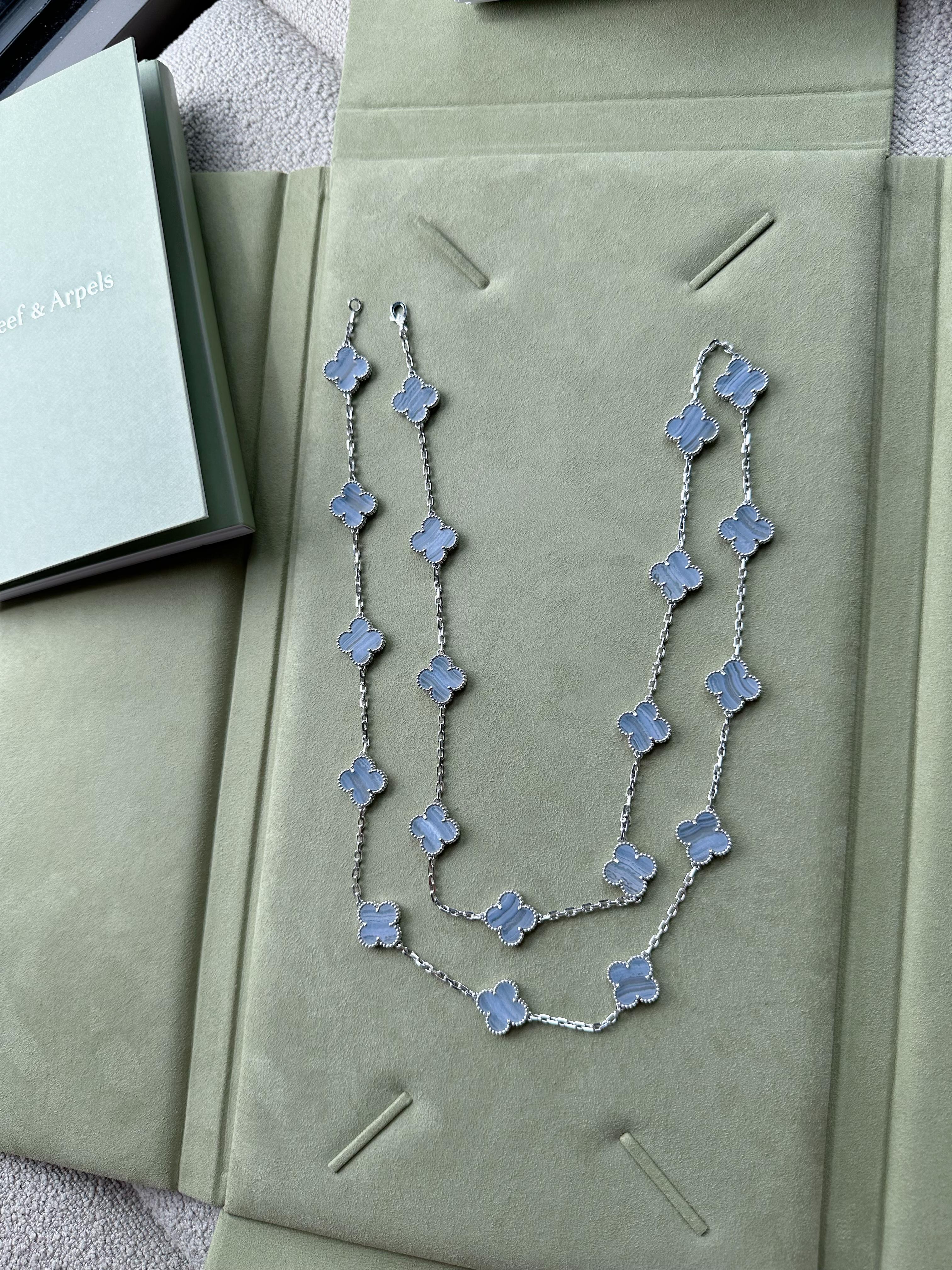 Van Cleef & Arpels Vintage Alhambra 20 Motifs Necklace, White Gold, Chalcedony 1