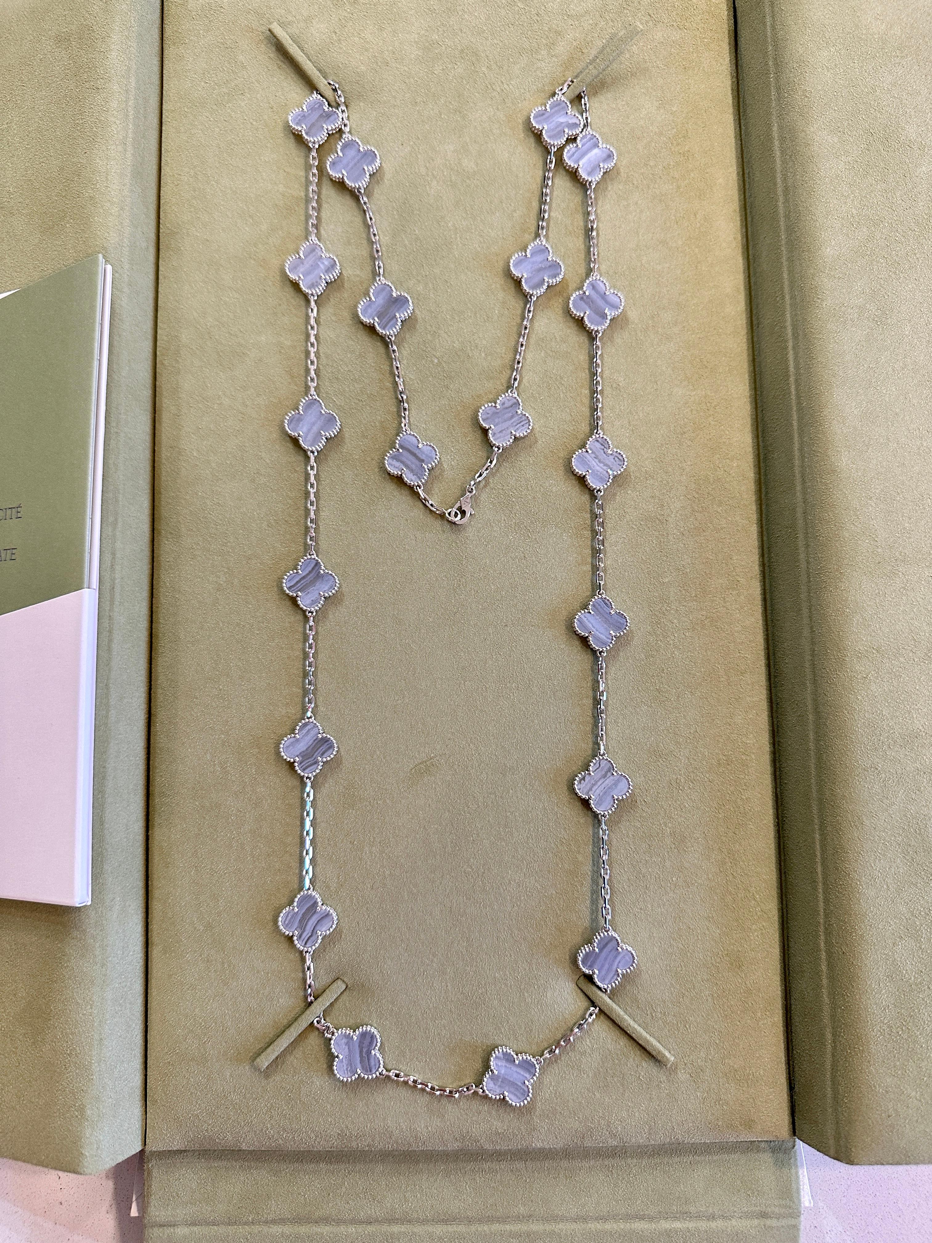 Women's Van Cleef & Arpels Vintage Alhambra 20 Motifs Necklace, White Gold, Chalcedony