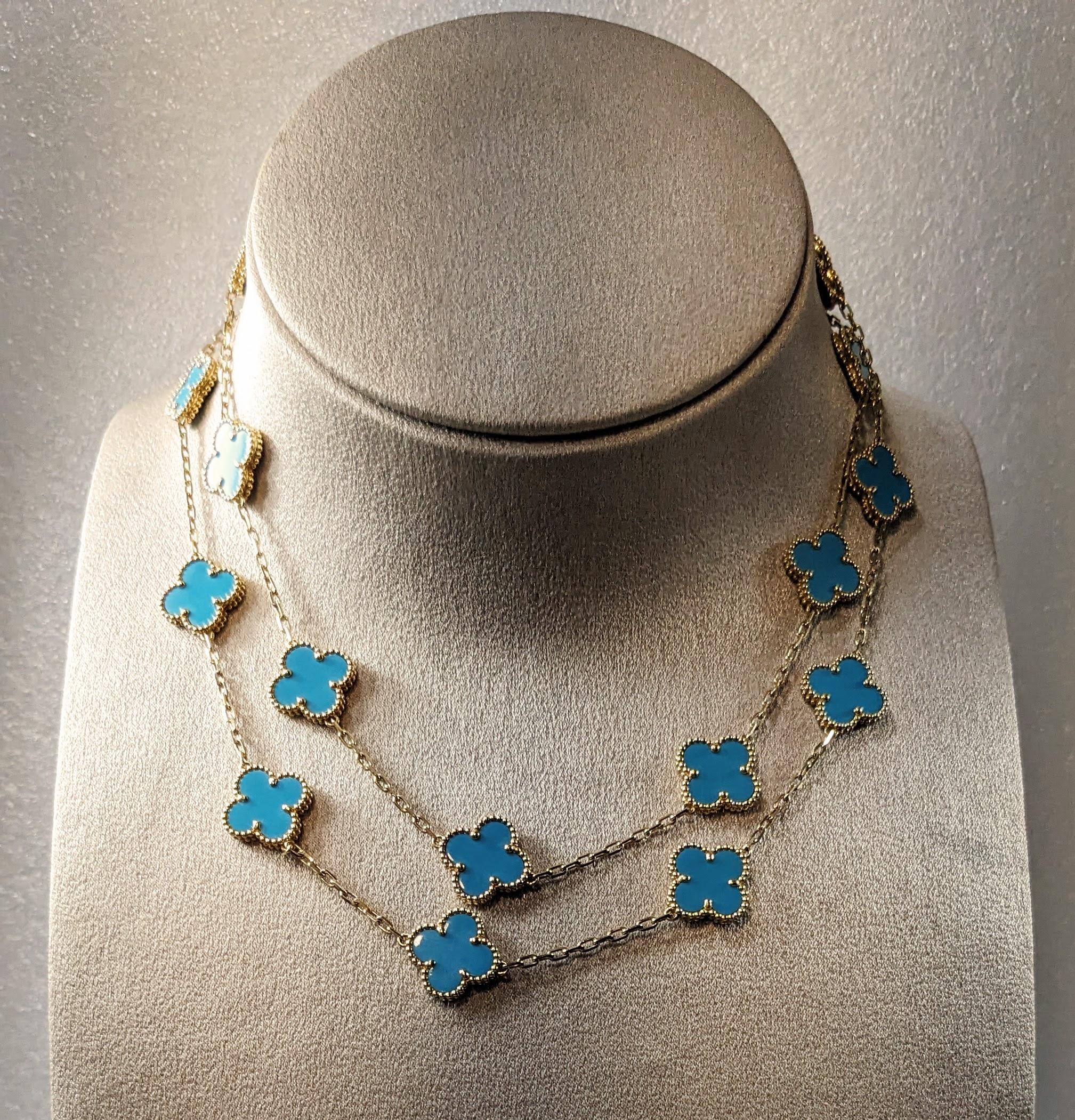 Contemporary Van Cleef & Arpels Vintage Alhambra  20 Turquoise Agate 18k gold Necklace
