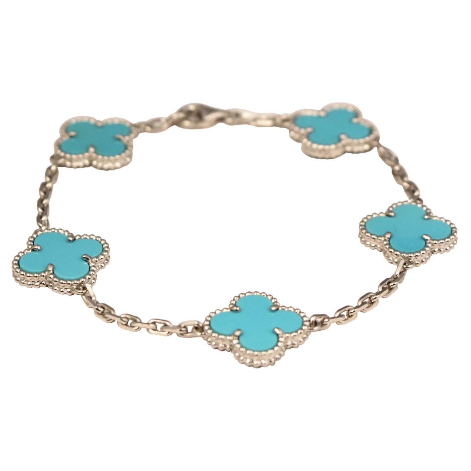 Van Cleef & Arpels Vintage Alhambra 5 Motif 18k White Gold Turquoise Bracelet