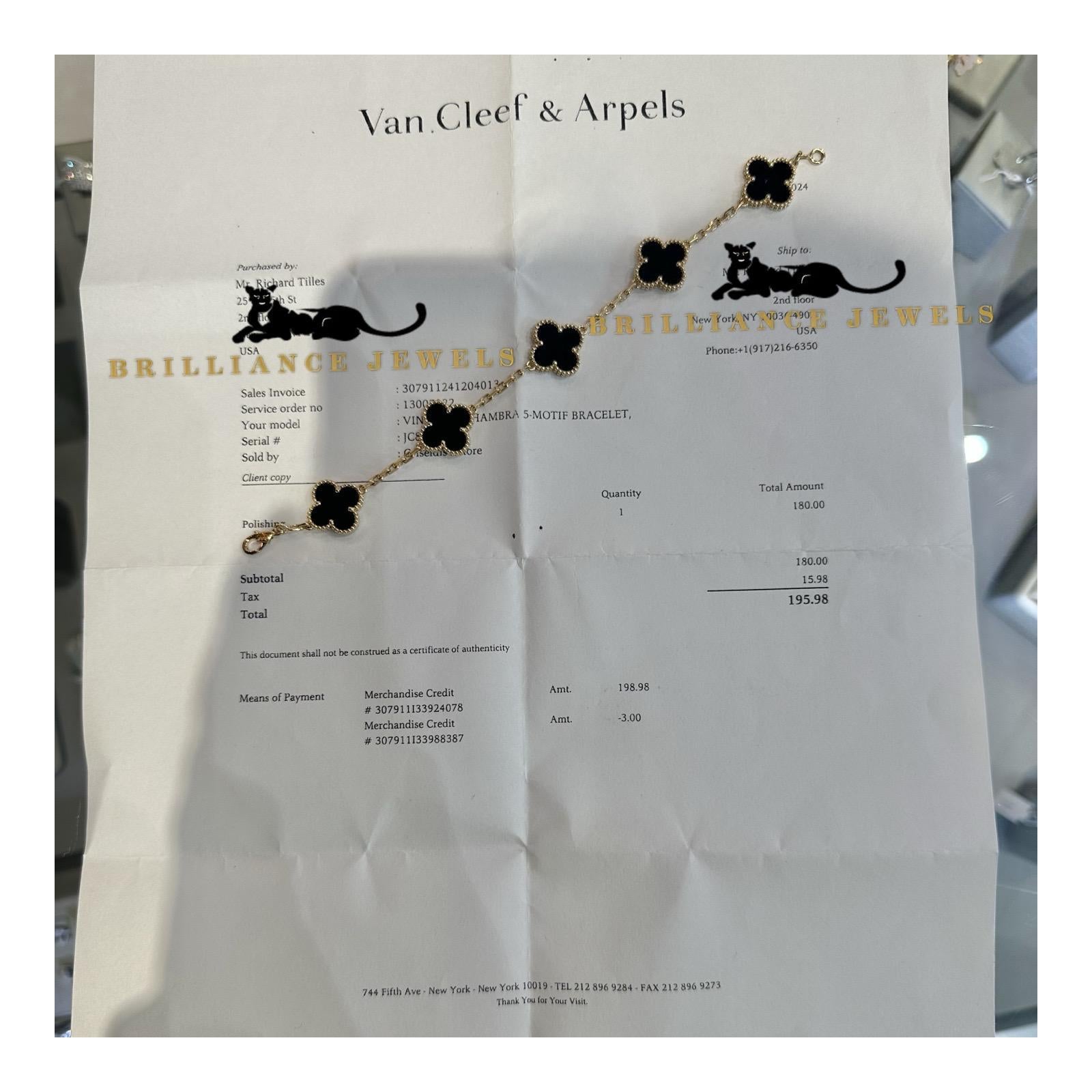 Van Cleef & Arpels Bracelet Vintage Alhambra 5 Motif Onyx Noir, Service Papier Unisexe en vente