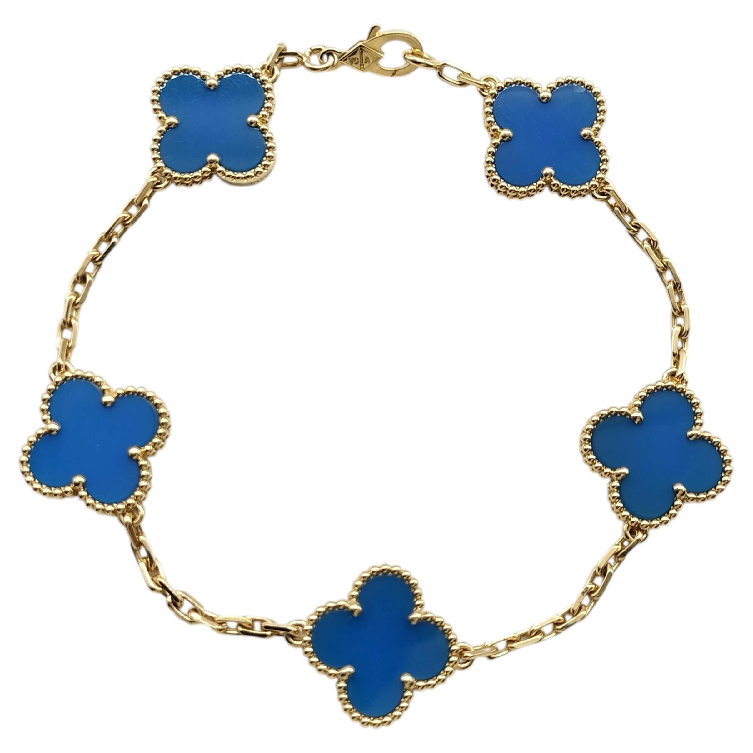 Bracciale Van Cleef & Arpels Vintage Alhambra a 5 motivi in agata blu e oro giallo 18 carati