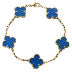Van Cleef & Arpels Vintage Alhambra 5 Motif Blue Agate 18K Yellow Gold Bracelet