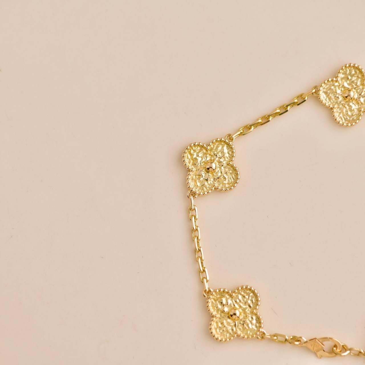 Van Cleef & Arpels Vintage Alhambra 5 Motif Hammered 18K Yellow Gold Bracelet 1