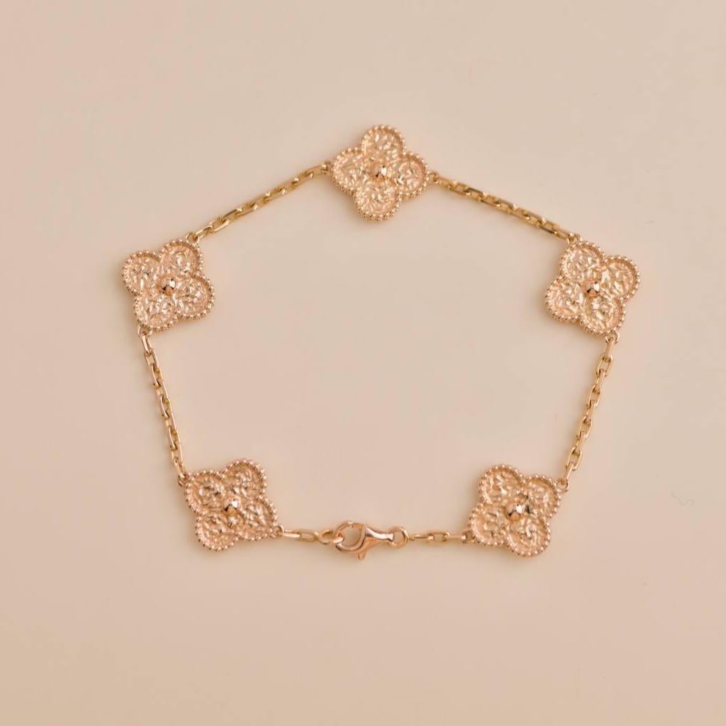 Women's or Men's Van Cleef & Arpels Vintage Alhambra 5 Motif Hammered 18K Rose Gold Bracelet