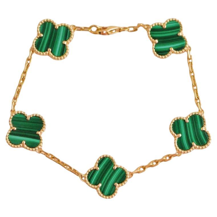 Van Cleef & Arpels Vintage Alhambra 5 Motif Malachite 18K Gold Bracelet