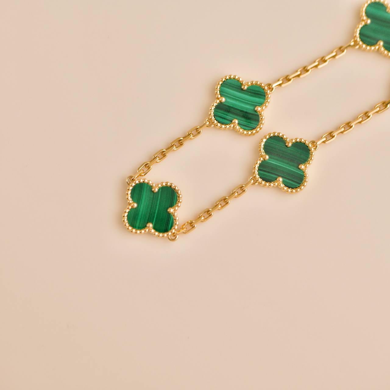 Van Cleef & Arpels Vintage Alhambra 5 Motif Malachite 18k Yellow Gold Bracelet 1