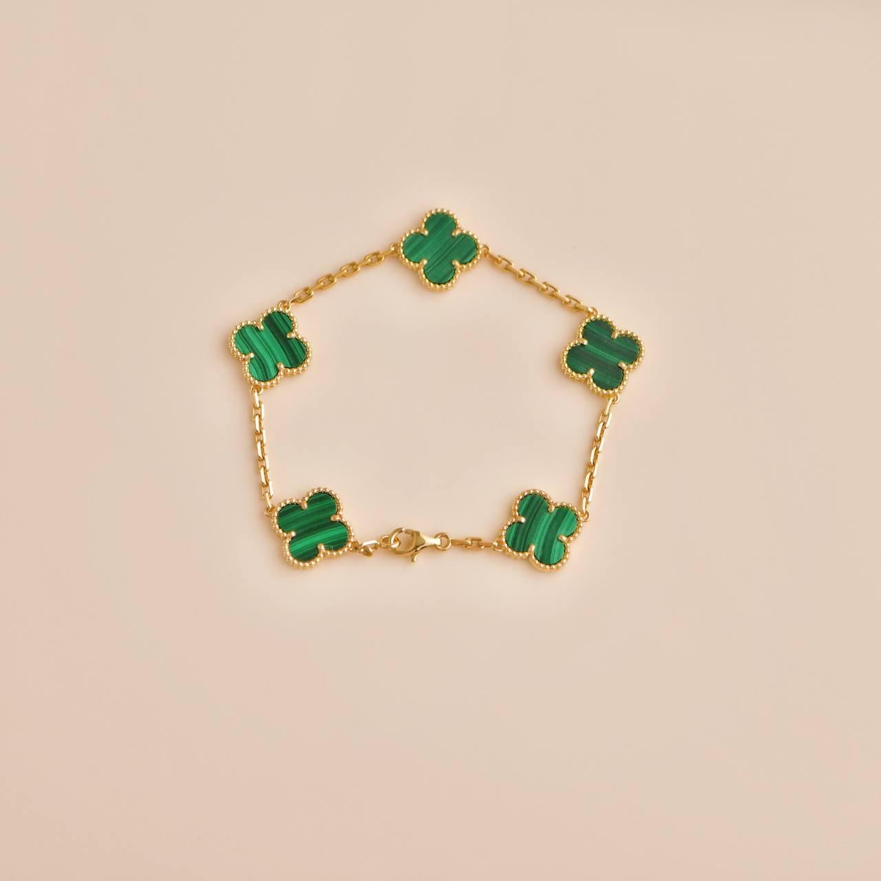 Van Cleef & Arpels Vintage Alhambra 5 Motif Malachite 18k Yellow Gold Bracelet 3
